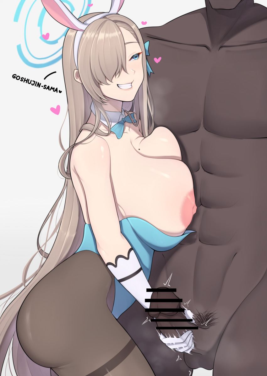 1boy, animal ears, arm length gloves, asuna (blue archive), asuna (bunny) (blue archive), bar censor, bare skin, big breasts, blue archive, blue clothes, blue clothing, blue eyes, breasts, bunny ears, bunny girl, censored, collar, dark skin, dark-skinned male, female, gloves, handjob, huge breasts, large breasts, long hair, male, penis, smile, stockings, thick thighs, thighs