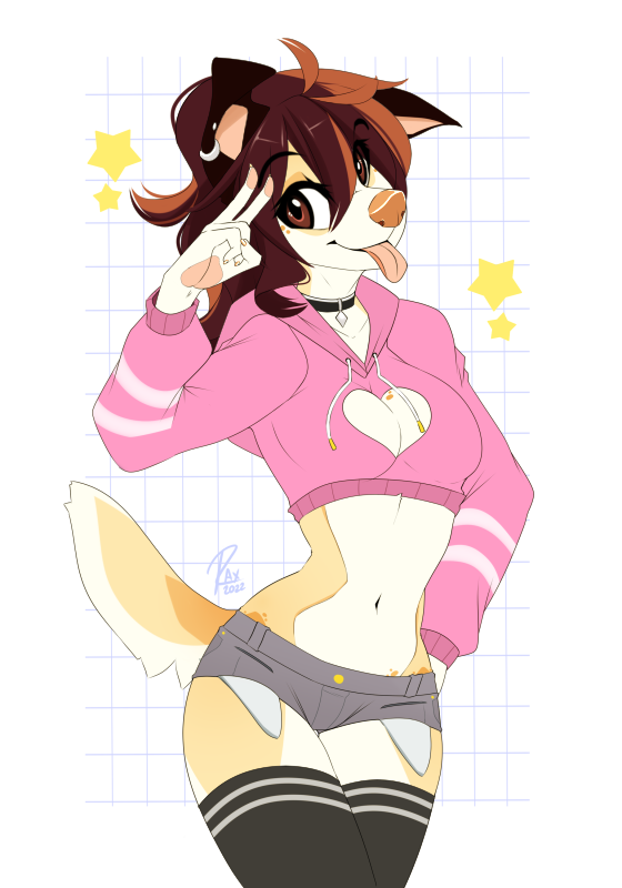 1girls alternate_version_available bare_belly breast_cutout breasts brown_eyes brown_hair clothed clothing danika_(wolflady) female female_only fur furry furry_only heart_cutout hips hoodie no_humans pink_hoodie short_shorts snout solo solo_female tail tongue tongue_out wolflady