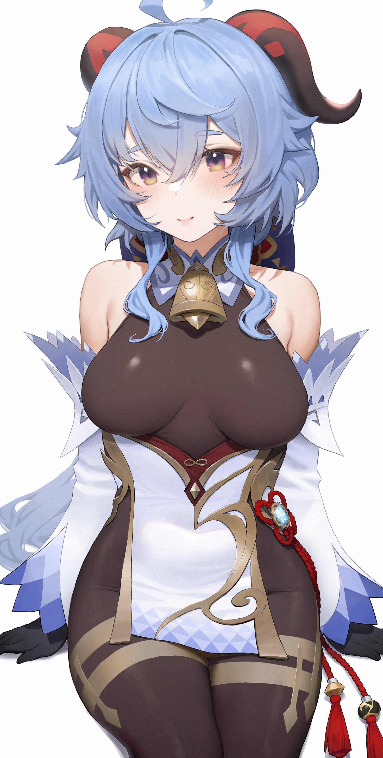1girls, ahoge, bangs, bare shoulders, bell, black gloves, blue hair, blush, bodystocking, breasts, brown legwear, detached sleeves, dress, female, female only, ganyu (genshin impact), genshin impact, gloves, highres, horns, large breasts, long hair, looking at viewer, mochirong, pantyhose, purple eyes, sitting, solo, thighs, white background