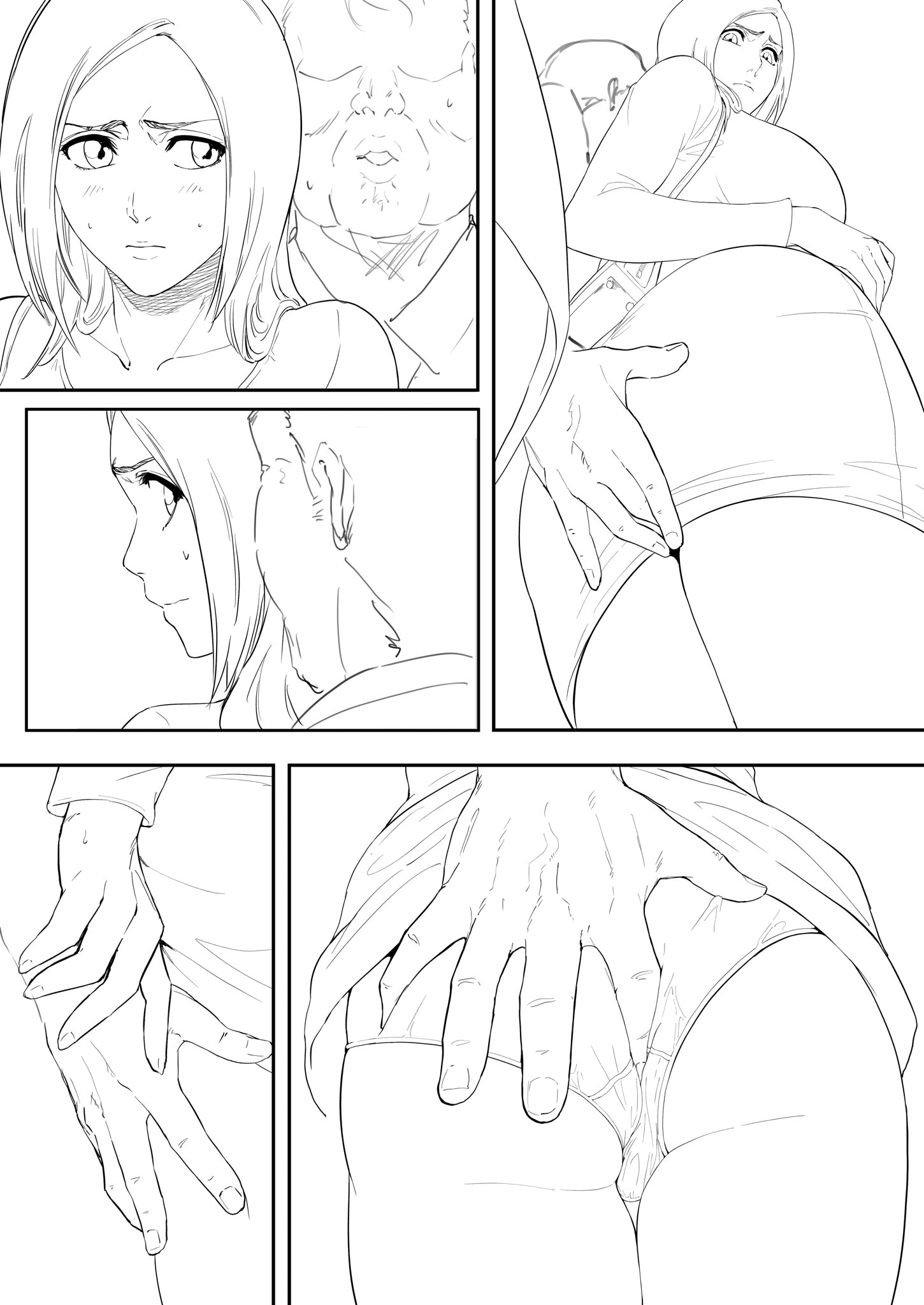 1boy, 1girls, ass, ass grab, barefoot, before sex, black and white, bleach, bra, breasts, cheating, cheating wife, chikan, curtains, duo, duo focus, faceless, faceless male, female, greyscale, imminent sex, indoors, inoue orihime, iwao178, japanese text, long hair, male, male with female, male/female, massage table, mature, mature female, midriff, milf, molestation, monochrome, netorare, oil, oiled, oiled skin, panties, speech bubble, text, touching breast