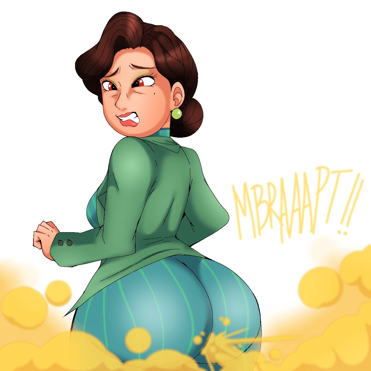 1girls, asian, asian female, ass, back view, beauty mark, big ass, brown eyes, brown hair, bubble ass, bubble butt, disney, earrings, embarrassed, fart, fart cloud, fart fetish, farting, female, female only, kingdaki84, mature female, milf, ming lee, mother, solo, solo female, turning red, white background