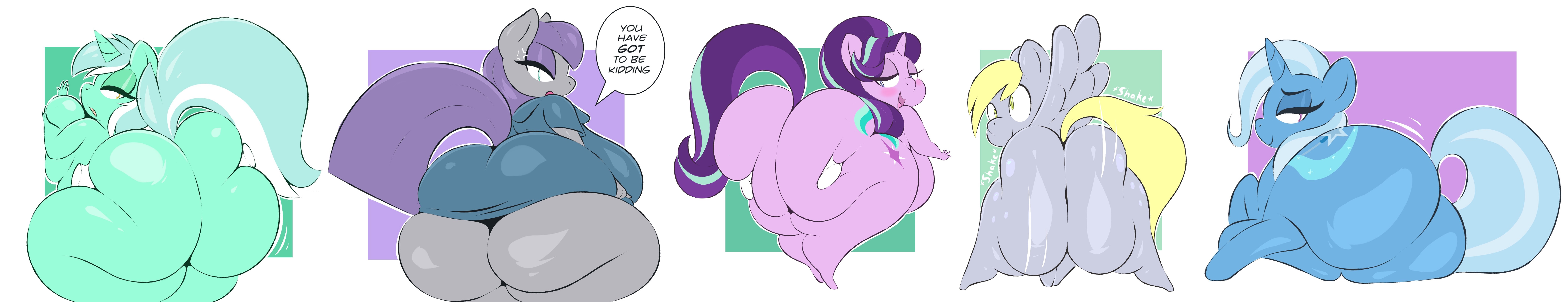 ambiguous gender, annoyed, anthro, anthrofied, arizonathevixen, ass, ass clapping, ass focus, ass grab, ass shake, big ass, big breasts, big butt, blonde hair, blue eyes, blush, breasts, butt clapping, butt focus, butt grab, clothing, cross-eyed, cross-popping vein, cutie mark, derpy hooves, disembodied hands, dress, duo, earth pony, english text, equid, equine, female, feral, friendship is magic, green body, grey body, hair, half-closed eyes, hand on ass, hand on butt, hands on ass, hasbro, hi res, horn, horse, huge ass, huge butt, huge thighs, humanoid hands, looking at viewer, looking back, lyra heartstrings (mlp), mammal, maud pie (mlp), multicolored hair, my little pony, narrowed eyes, nude, onomatopoeia, open mouth, pegasus, pony, purple body, purple hair, shaking ass, shaking butt, smile, solo, sound effects, speech bubble, starlight glimmer, starlight glimmer (mlp), text, thick thighs, trixie (mlp), twerking, two-tone hair, unicorn, wide hips, wings, yellow eyes