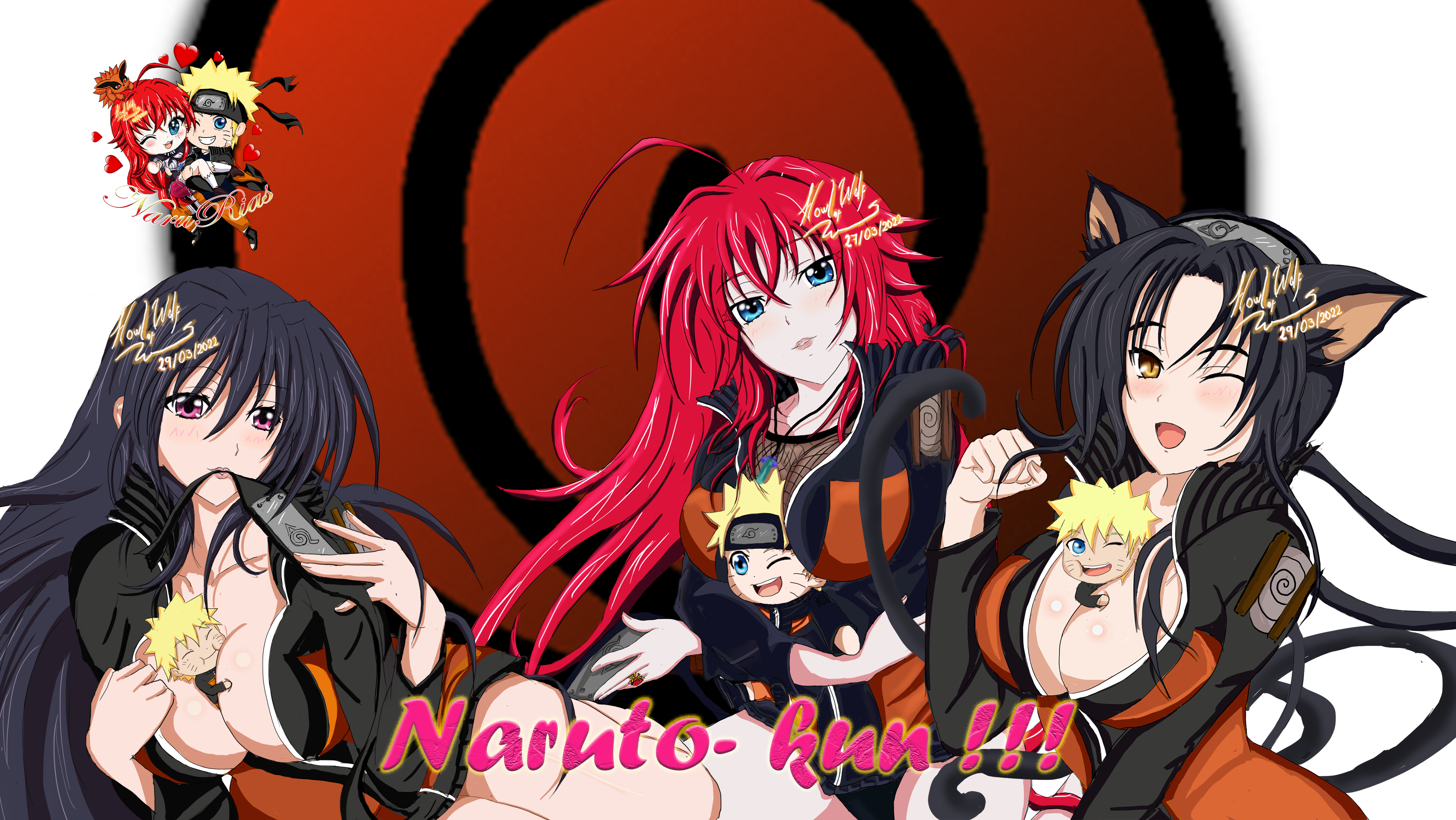 akeno himejima, big breasts, black hair, bottomless, breasts, busty, cat ears, cat tail, cleavage, crossover, female, female only, fishnets, high school dxd, holding object, howlofwolfpassionart, huge breasts, jacket, kuroka (high school dxd), mesh shirt, naruto, naruto (series), naruto shippuden, no bra, object between breasts, panties, partially clothed, red hair, rias gremory, shirt, sitting, sitting on object, stuffed toy, toy, uzumaki naruto, uzumaki naruto (cosplay), voluptuous