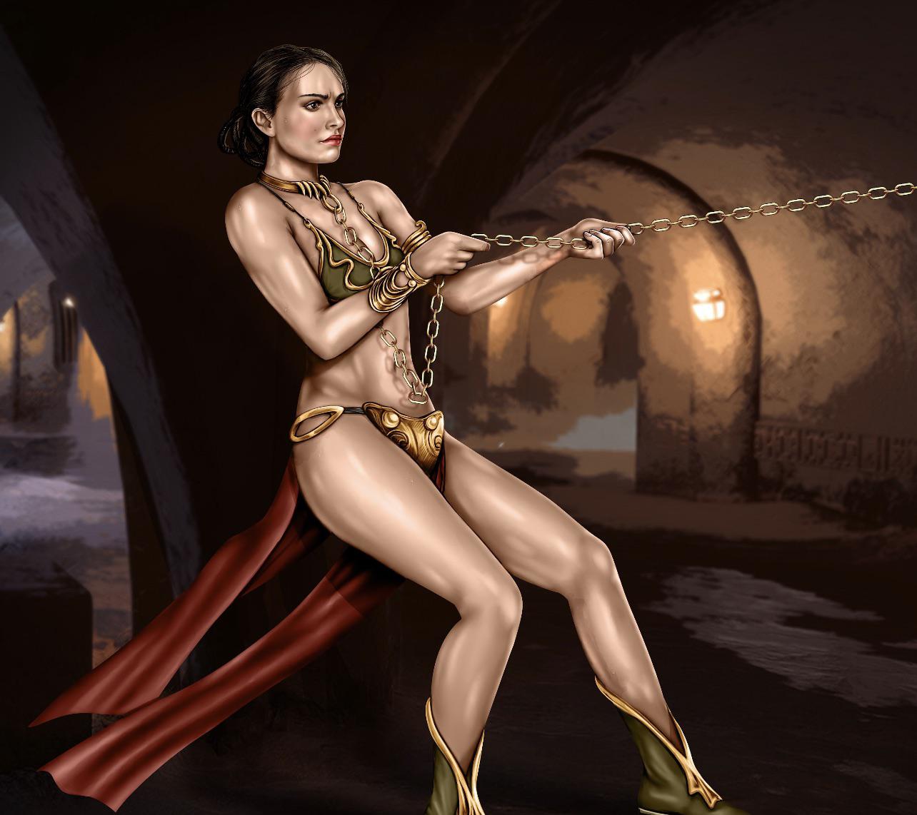 belly_dancer belly_dancer_outfit bondage boots bracelet brown_eyes brown_hair celebrity chain_leash chained cleavage cosplay dancer dancer_outfit harem_girl harem_outfit idrawnudeladies jabba's_palace leash_pull loincloth lucasfilm medium_breasts natalie_portman padme_amidala slave slave_bikini slave_collar slave_leia_(cosplay) slave_outfit slavegirl star_wars