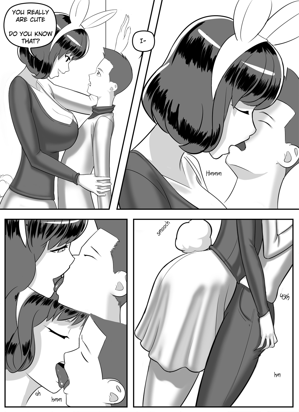 1boy, 1girls, ass, ass grab, assertive, assertive female, big breasts, black hair, breasts, bunny ears, bunny tail, cleavage, closed eyes, comic, dialogue, dress, english text, fake animal ears, fake tail, female, height difference, jahafl, kissing, male, medium hair, monochrome, tagme, taller female, text, tongue kiss