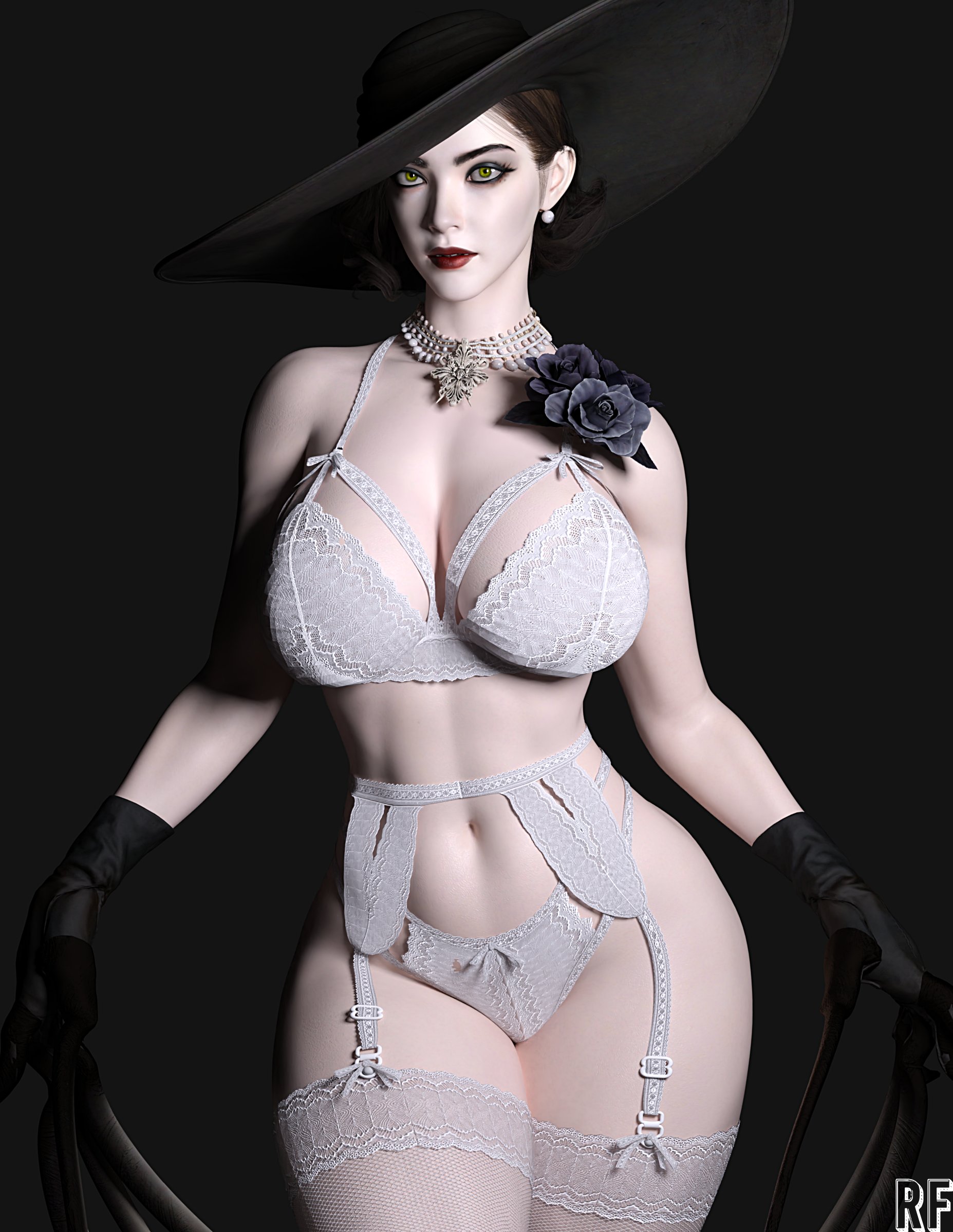 1girls, 3d, absurd res, alcina dimitrescu, bra, breasts, cleavage, female, female only, garter belt, garter straps, hat, hi res, large breasts, mature, mature female, milf, panties, picot trim, picot trim bra, picot trim panties, resident evil, resident evil 8: village, rude frog, solo, white bra, white panties