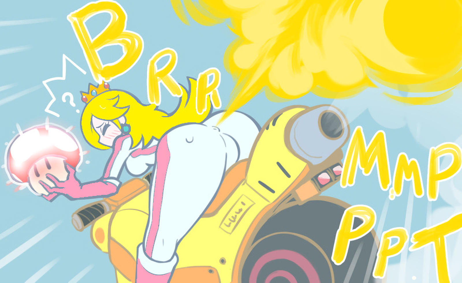 ass, big ass, bike, embarrassed, fart, fart cloud, fart fetish, female, mario (series), mario kart, mushroom, princess peach (cosplay), princess rosalina, racing suit