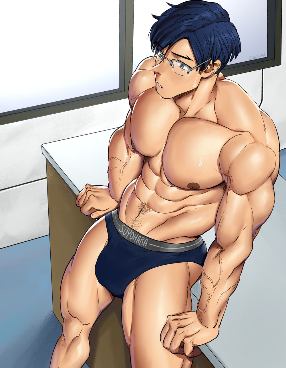 1boy abs bara big_pecs blue_boxers blue_hair blue_underwear boxers boxers_(clothing) boxers_only bulge classroom glasses human human_only male male_chest male_focus male_nipples male_only muscles muscular muscular_male muscular_thighs my_hero_academia nipples on_table pecs pectorals pubic_hair sitting_on_table six_pack solo suyohara sweatdrop table tenya_iida topless underwear underwear_only veiny_muscles