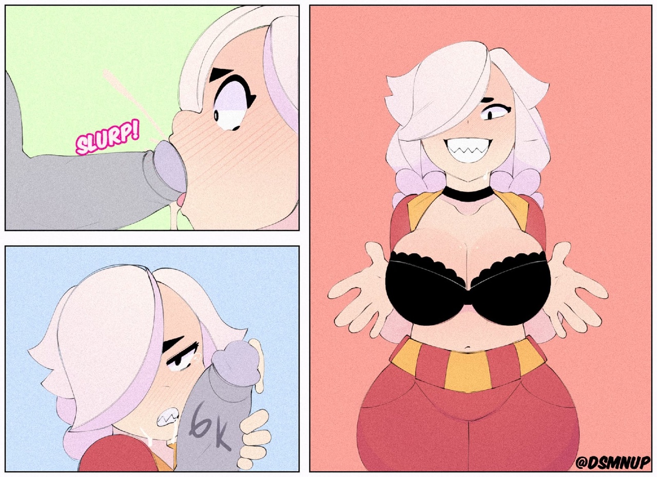 1girls, big breasts, big penis, blowjob, brawl stars, breasts, colette (brawl stars), cum, cum in mouth, dsmnup, female, male, oral, penis, thick thighs, white hair