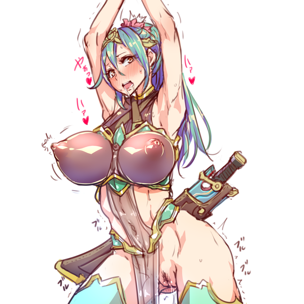 1girls aqua_hair aqua_legwear armpits arms_up blue_hair blush breasts drooling female female_only female_pubic_hair long_hair looking_at_viewer navel nipples orange_eyes original ponytail pubic_hair pussy pussy_juice scabbard see-through sheathed simple_background solo sweat sword trembling weapon white_background yamada_(gotyui)