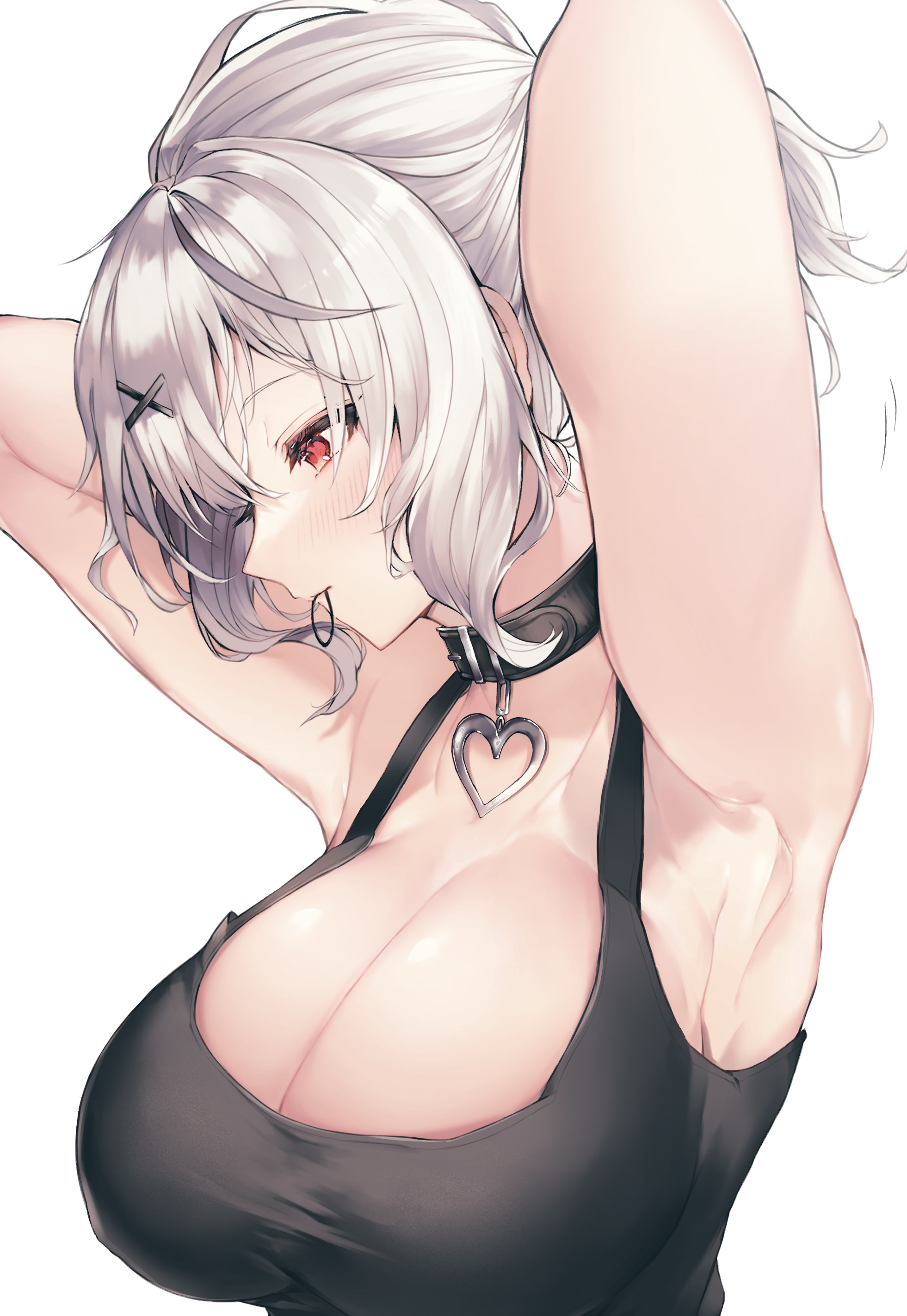 absurdres, alternate costume, armpit, armpits, arms behind head, arms up, bangs, belt collar, black collar, black shirt, blush, breasts, cleavage, collar, female, hair ornament, hair tie in mouth, heart collar, highres, hololive, hololive japan, holox, large breasts, looking away, masi masio, mouth hold, profile, red eyes, sakamata chloe, shirt, silver hair, simple background, sleeveless, sleeveless shirt, solo, tying hair, upper body, virtual youtuber, white background, x hair ornament
