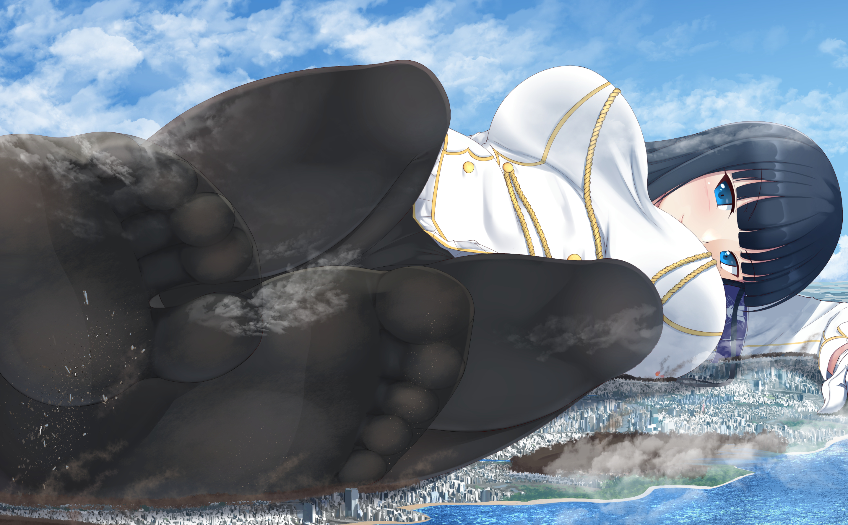 anime style, black hair, black legwear, blue eyes, building, city, cloud, day, destruction, feet, formal, giant, giantess, highres, ikaruga (senran kagura), macrophilia, ochiko terada, senran kagura, senran kagura (series), sky, skyscraper, socks, suit, white suit