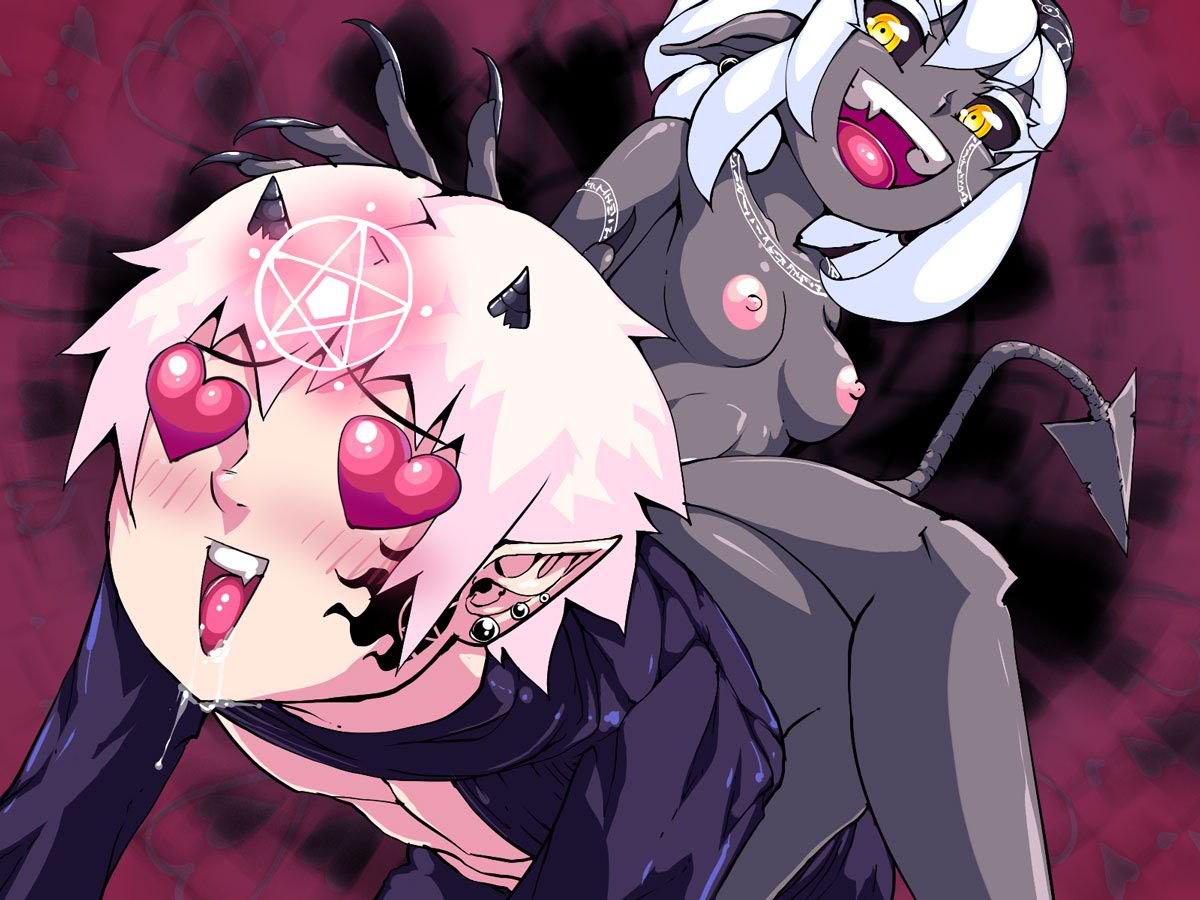 1boy 1girls blush breasts clothed_male_nude_female color colored crimson_keep devil_tail drooling female heart_eyes horns hypnosis introspurt latex monster_girl nude_female_clothed_male riding_on_back rithris_hatespine smile soriel_(crimson_keep) tattoo