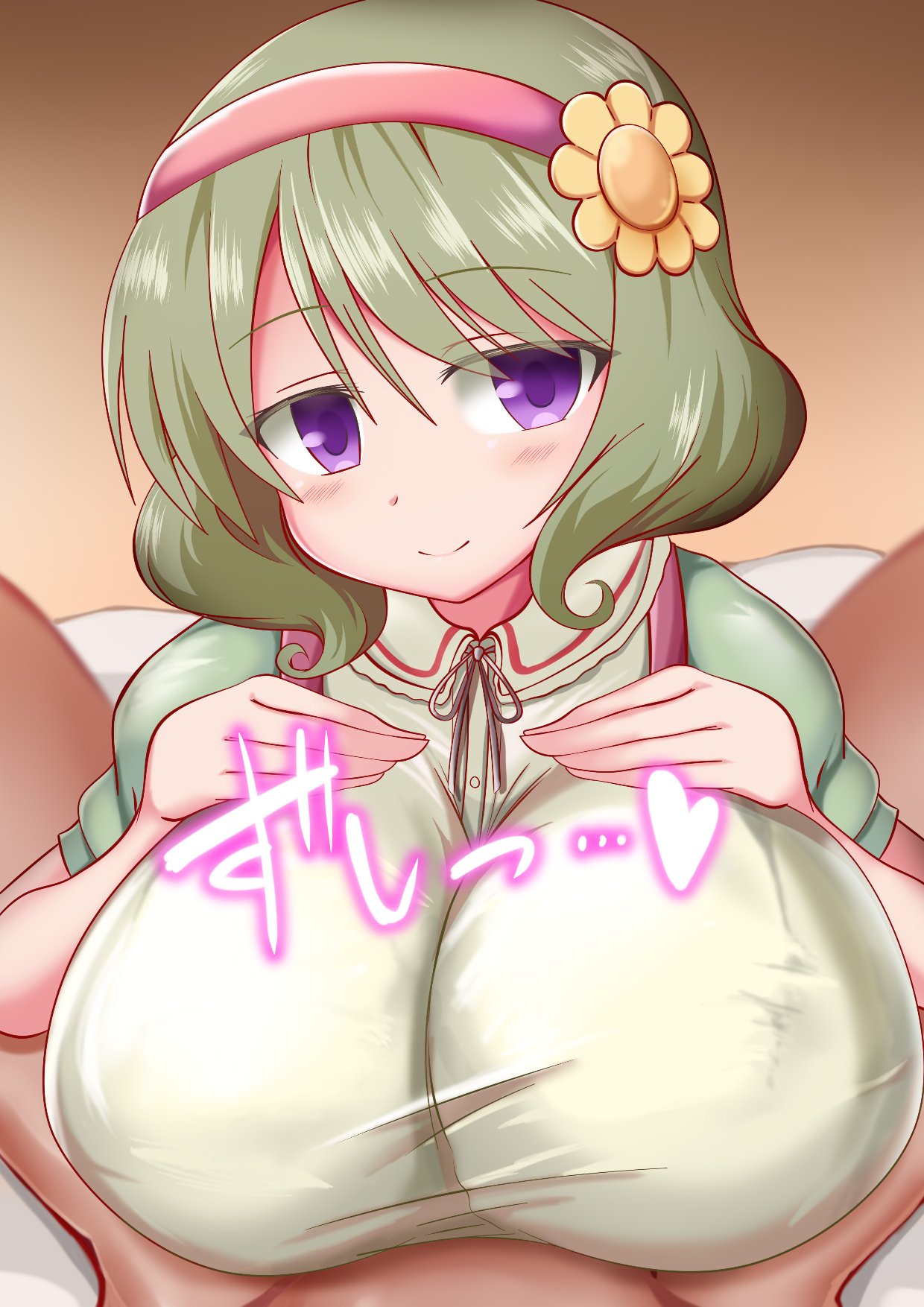 1boy 1girls between_breasts breast_squeeze breasts clothed_sex endoumame female flower flower_in_hair green_hair hair_ornament headband hinako_note huge_breasts kuroyanagi_ruriko looking_at_viewer maid paizuri paizuri_under_clothes pov pov_eye_contact purple_eyes