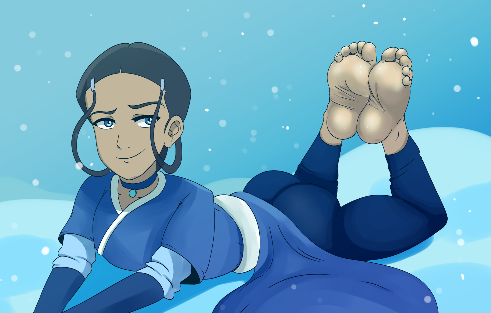 1girls, avatar the last airbender, barefoot, breasts, clothing, dark skin, dark-skinned female, feet, female, foot fetish, katara, medium breasts, sharkyc, solo female, the pose