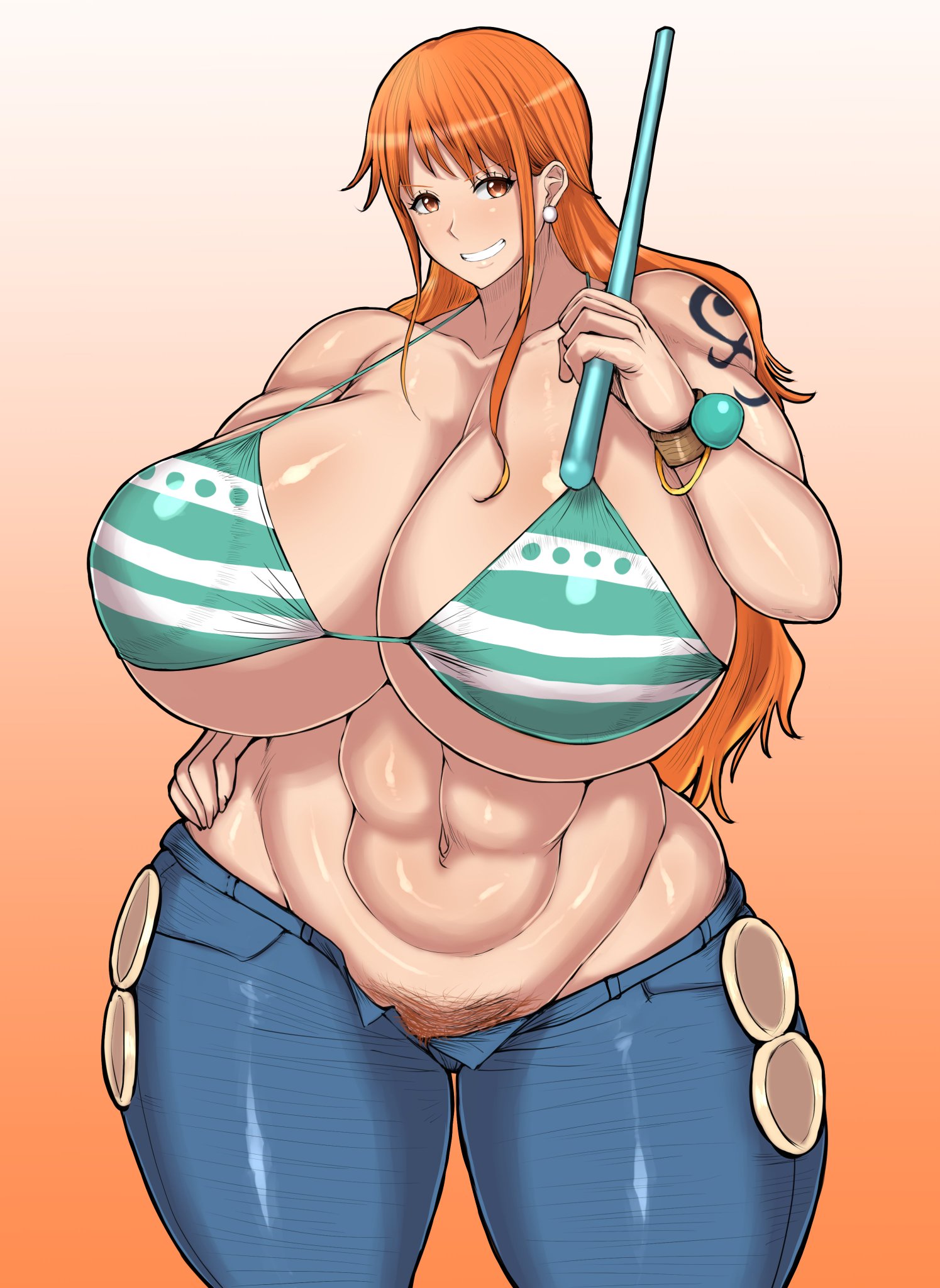 1girls, 2020s, 2022, 2d, 2d (artwork), abs, absurd res, absurd resolution, absurdres, bbw, bikini, bikini top, blue jeans, bra, breasts, busty, cleavage, clothing, curvaceous, curvy, earrings, female, female focus, female only, female pubic hair, hyper, jeans, long hair, long orange hair, looking at viewer, looking back, musclegut, nami (one piece), one piece, orange eyes, orange hair, over 1080p, ponkotsuu, pubes exposed, pubic hair, pubic hair peek, shounen jump, smile, smiling at viewer, solo, solo female, solo focus, striped bikini, tattoo, thick thighs, venus body, voluptuous, wide hips