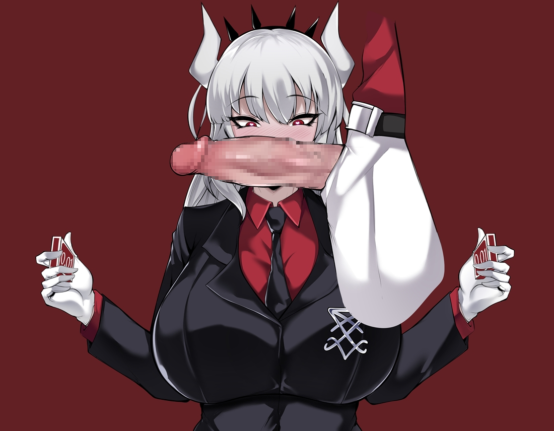 1boy, 1girls, big breasts, blush, breasts, censored, demon, demon girl, erection, female, fully clothed, gloves, helltaker, horns, huge breasts, long hair, lucifer (helltaker), male, mosaic censoring, owner (artist), penis, red background, red eyes, upper body, white hair