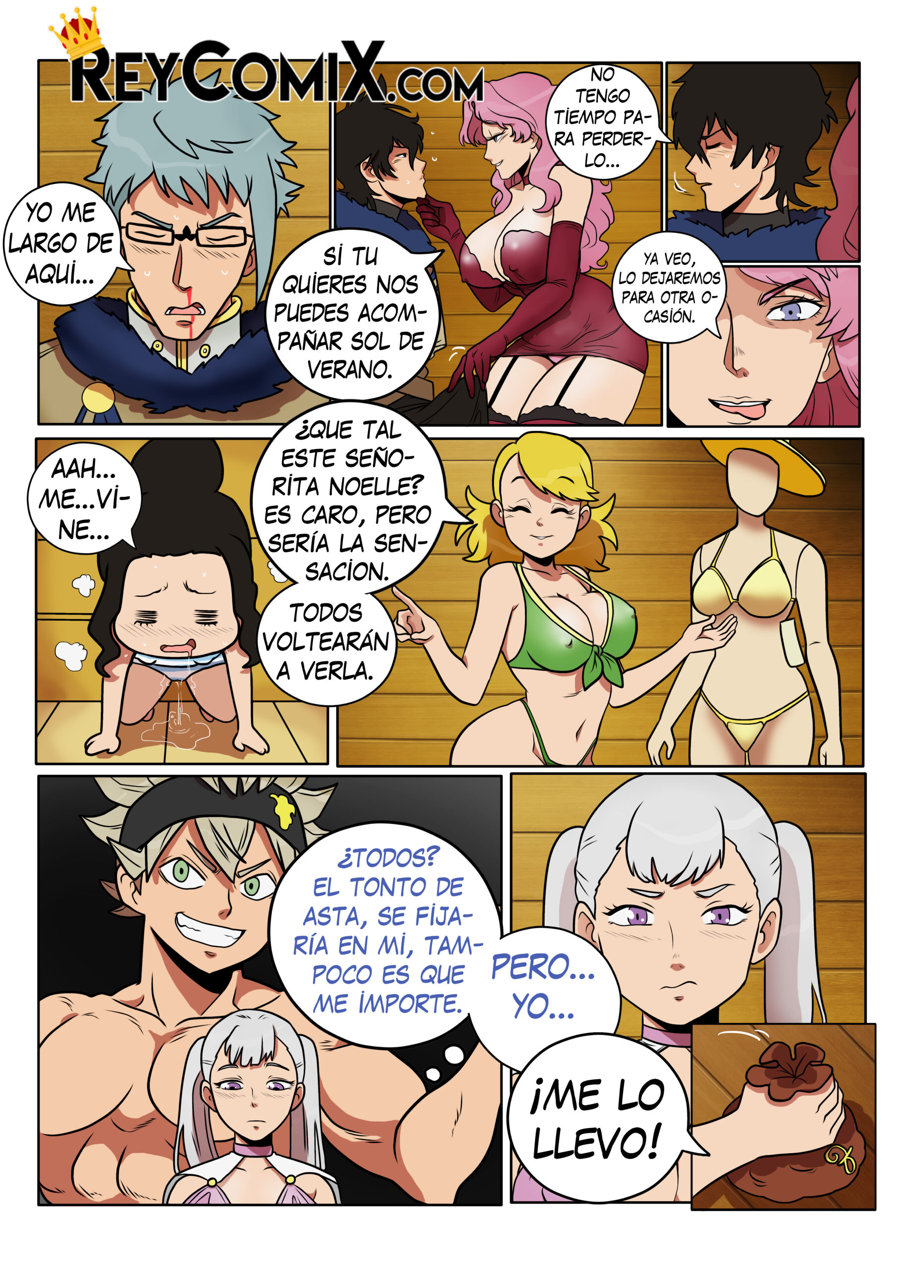 2boys, 4girls, asta (black clover), black clover, charmy pappitson, female, gansoman, golden dawn uniform, male, mimosa vermillion, noelle silva, pink hair, shounen jump, silver hair, spanish, spanish dialogue, spanish text, twintails, vanessa enoteca