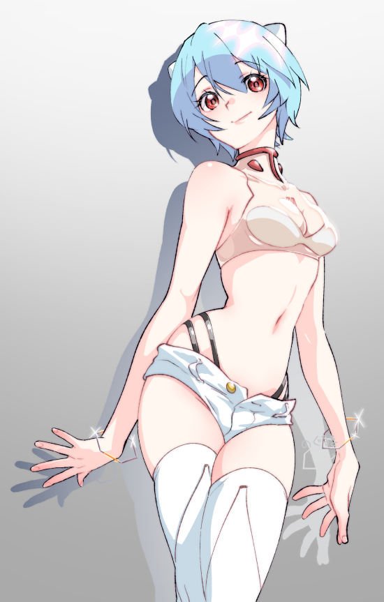 blue hair, breasts, cleavage, clothing, female, hips, looking at viewer, neon genesis evangelion, red eyes, rei ayanami, see-through clothing, short hair, short shorts, shorts, smile, smiling, solo, solo female, stockings, thick thighs, thighhighs, transparent clothing