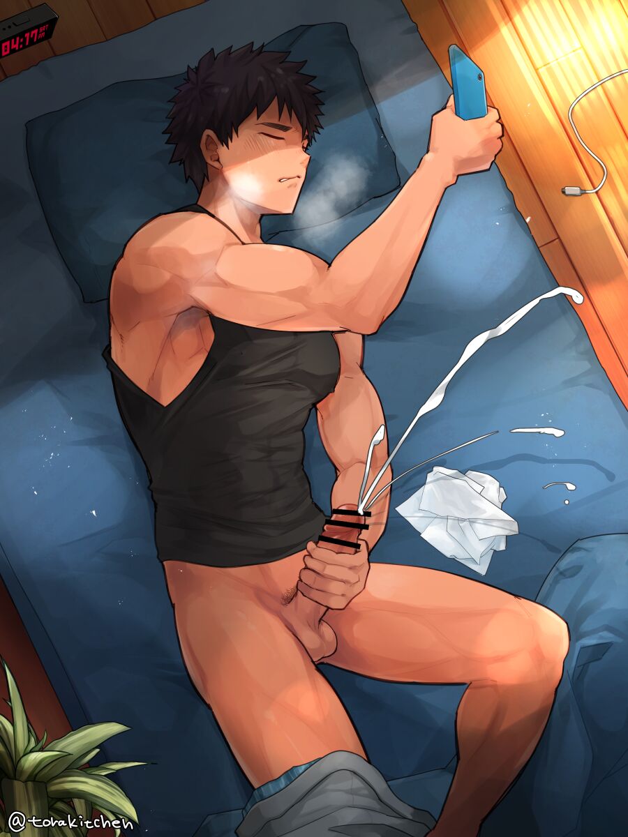 1boy abs ahe_gao bara censored cum cumshot ebitendon feet_out_of_frame heavy_breathing in_bed jerking jerkingoff male male_only masturbation muscular muscular_arms muscular_male muscular_thighs pecker_tracks pecs projectile_cum solo solo_male steamy_breath tissue torakichi_(ebitendon) torakitchen watching_porn