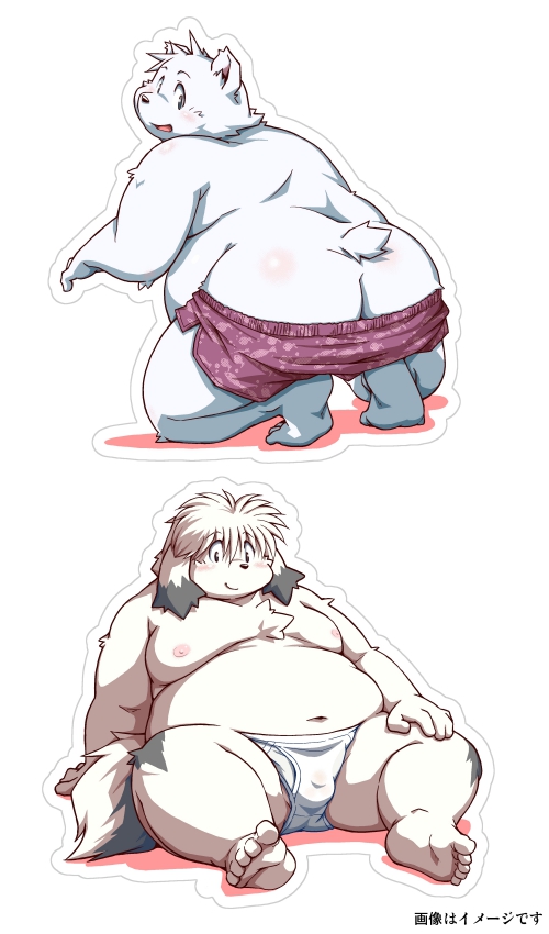 2022 anthro ass blush book_whitener bulge canid canine canis clothing domestic_dog humanoid_hands kemono male mammal monochrome_(series) moobs navel nipples overweight overweight_male polar_bear sitting takagi_kyou underwear ursid ursine white_body wight_bracken