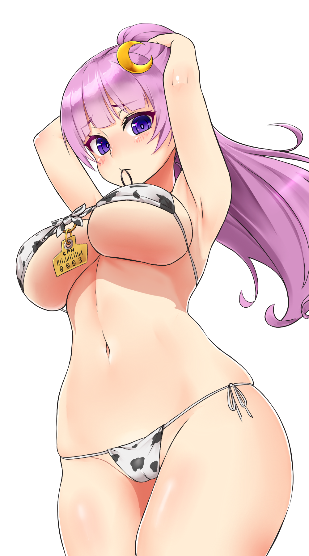 animal_print arms_up bangs bikini blunt_bangs breasts cameltoe cow_print crescent crescent_hair_ornament female front-tie_bikini front-tie_top hair_ornament highres large_breasts long_hair looking_at_viewer mouth_hold patchouli_knowledge ponytail purple_eyes purple_hair shiron_(e1na1e2lu2ne3ru3) side-tie_bikini simple_background solo standing stomach string_bikini swimsuit touhou transparent_background underboob white_bikini