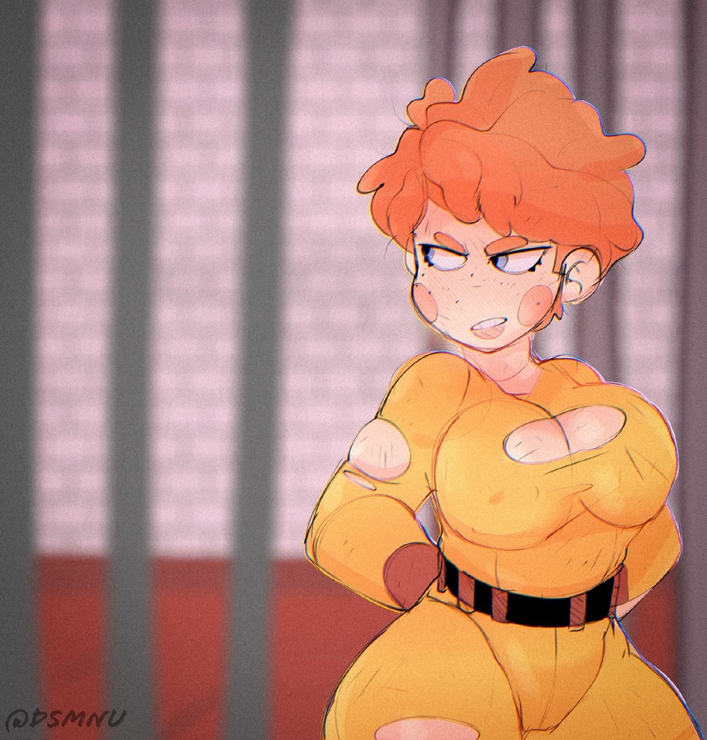 1girls, bea (brawl stars), big breasts, blue eyes, blurry background, brawl stars, breasts, dsmnup, female, orange hair, thick thighs, tight clothing, torn clothes