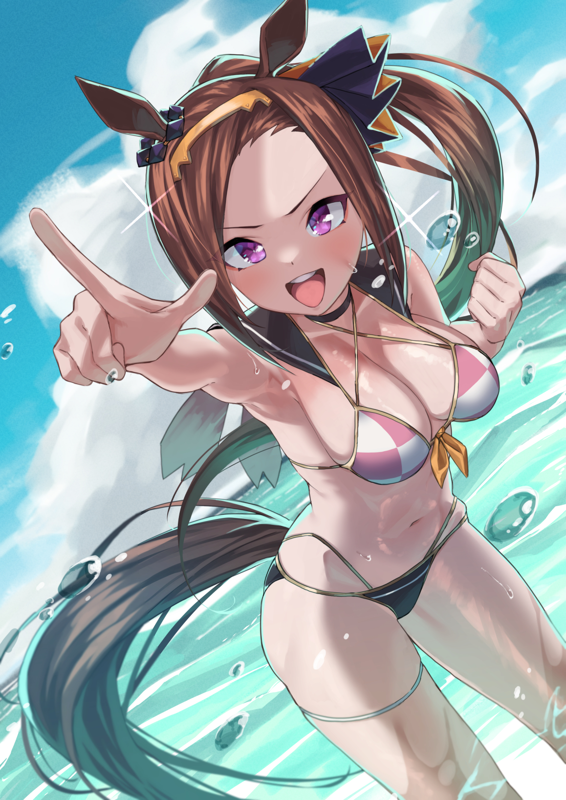 1girls, alternate costume, animal ears, armpits, bikini, blush, breasts, brown hair, cleavage, cloud, collarbone, commentary request, female, female focus, female only, hi res, horse ears, horse girl, horse tail, kumamiya, large breasts, large forehead, navel, ocean, open mouth, pointing, ponytail, purple eyes, sakura bakushin o (umamusume), sky, smile, solo, standing, swimsuit, tail, umamusume, water drop