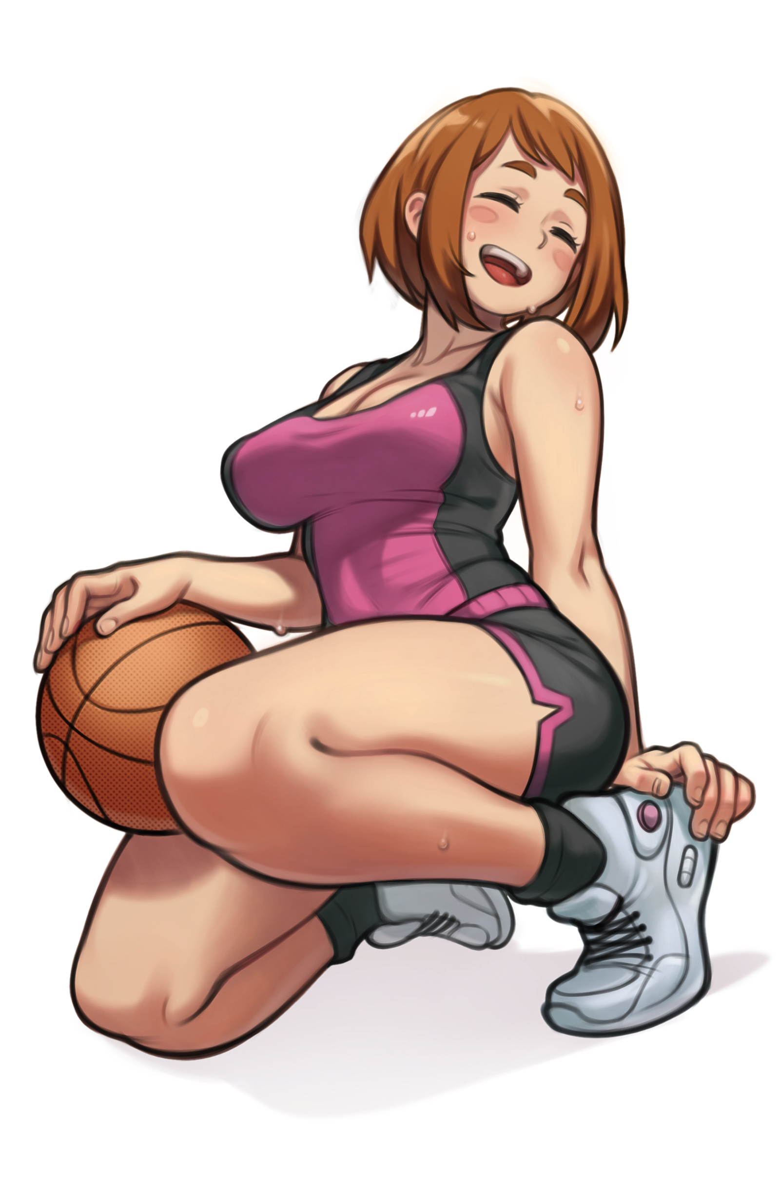 1girls, 2022, basketball, basketball uniform, blush, breasts, brown hair, brown-haired female, cleavage, closed eyes, clothed, clothed female, dolphin shorts, female, female only, hips, kneeling, large breasts, lentiyay, my hero academia, ochako uraraka, pink clothing, shoes, short hair, short shorts, shorts, simple background, slim waist, smile, solo, sportswear, sweat, sweaty body, tank top, thick thighs, thighs, wide hips