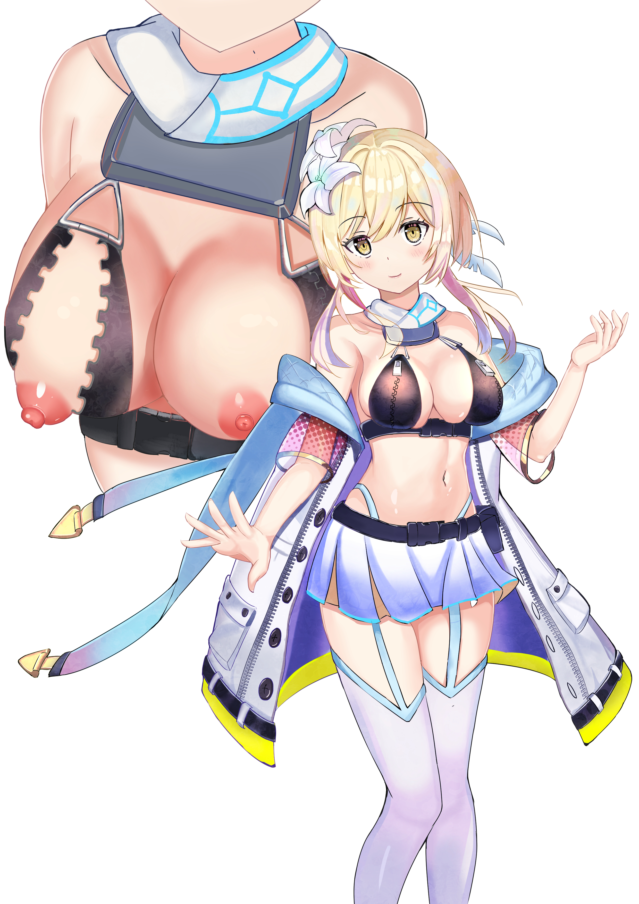 absurd res, blonde hair, breasts, female, genshin impact, lumine (genshin impact), medium breasts, nipples, skirt, thighhighs, white legwear, yellow eyes, zipper
