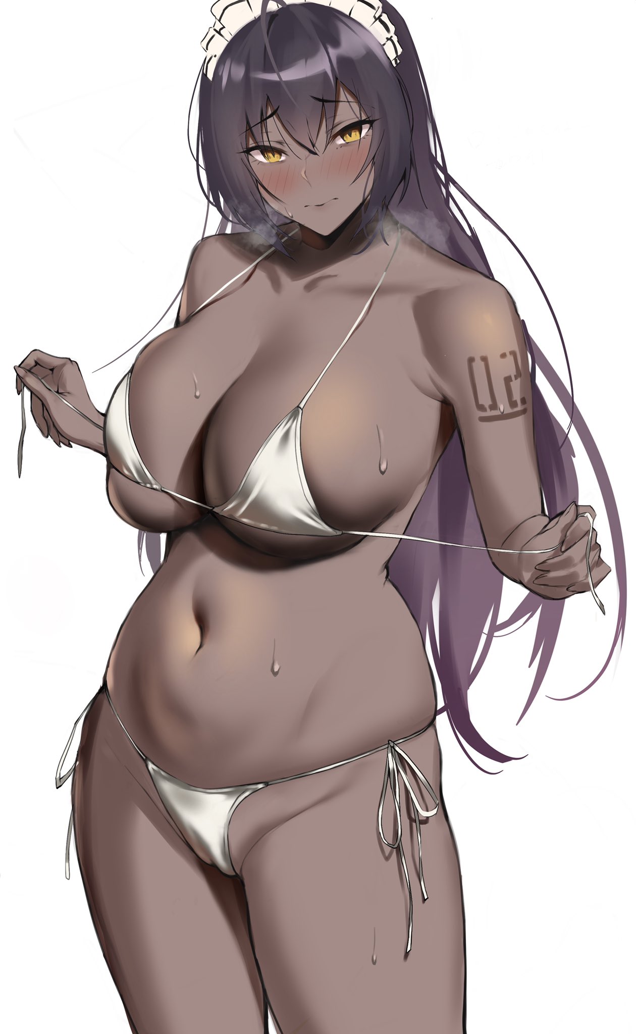 1girls 2022 bikini black_hair blue_archive blush breasts cowboy_shot dark-skinned_female dark_skin eyebrows_visible_through_hair female female female_focus female_only hair_between_eyes highres ichinose_(ichinose1592) karin_(blue_archive) large_breasts long_hair looking_at_viewer maid_headdress navel side-tie_bikini simple_background solo solo_female sweat swimsuit untied untied_bikini white_background white_bikini yellow_eyes