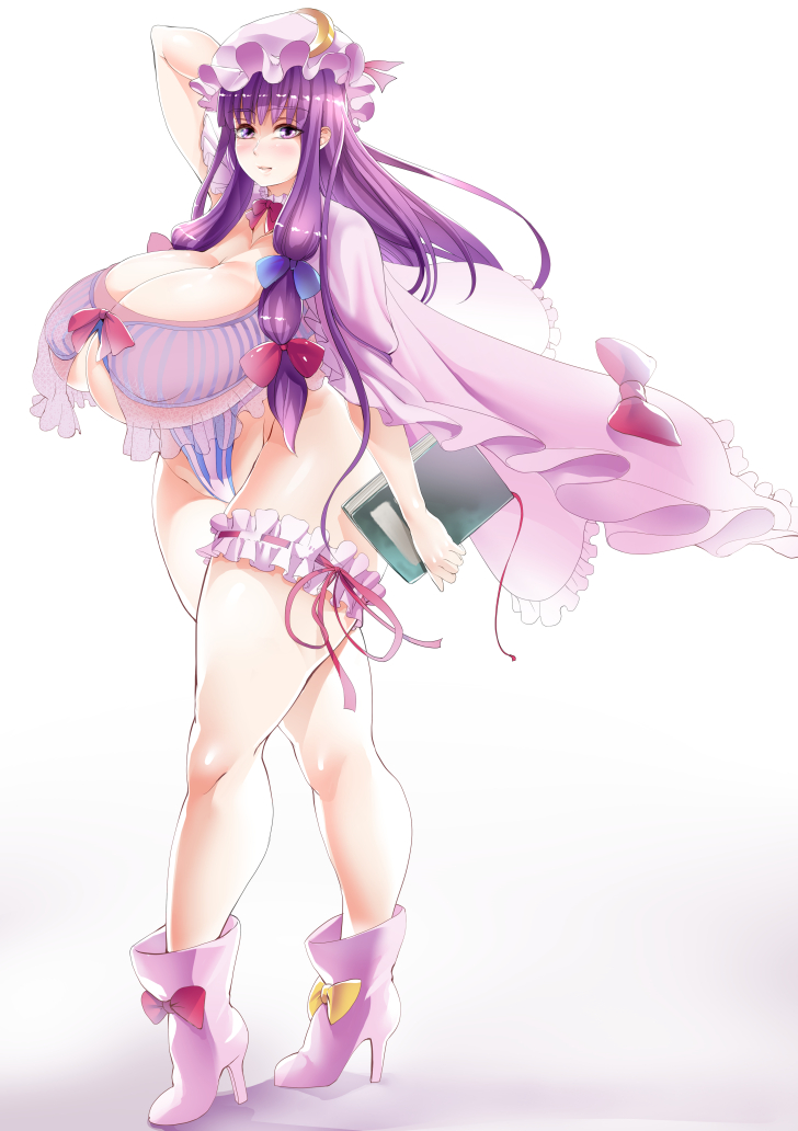 1girls clothed female female_focus female_only grimoire hat holding holding_book holding_object huge_breasts leotard mob_cap nipple_bulge patchouli_knowledge purple_hair remu_(kirieroido) shoes standing tagme touhou wide_hips