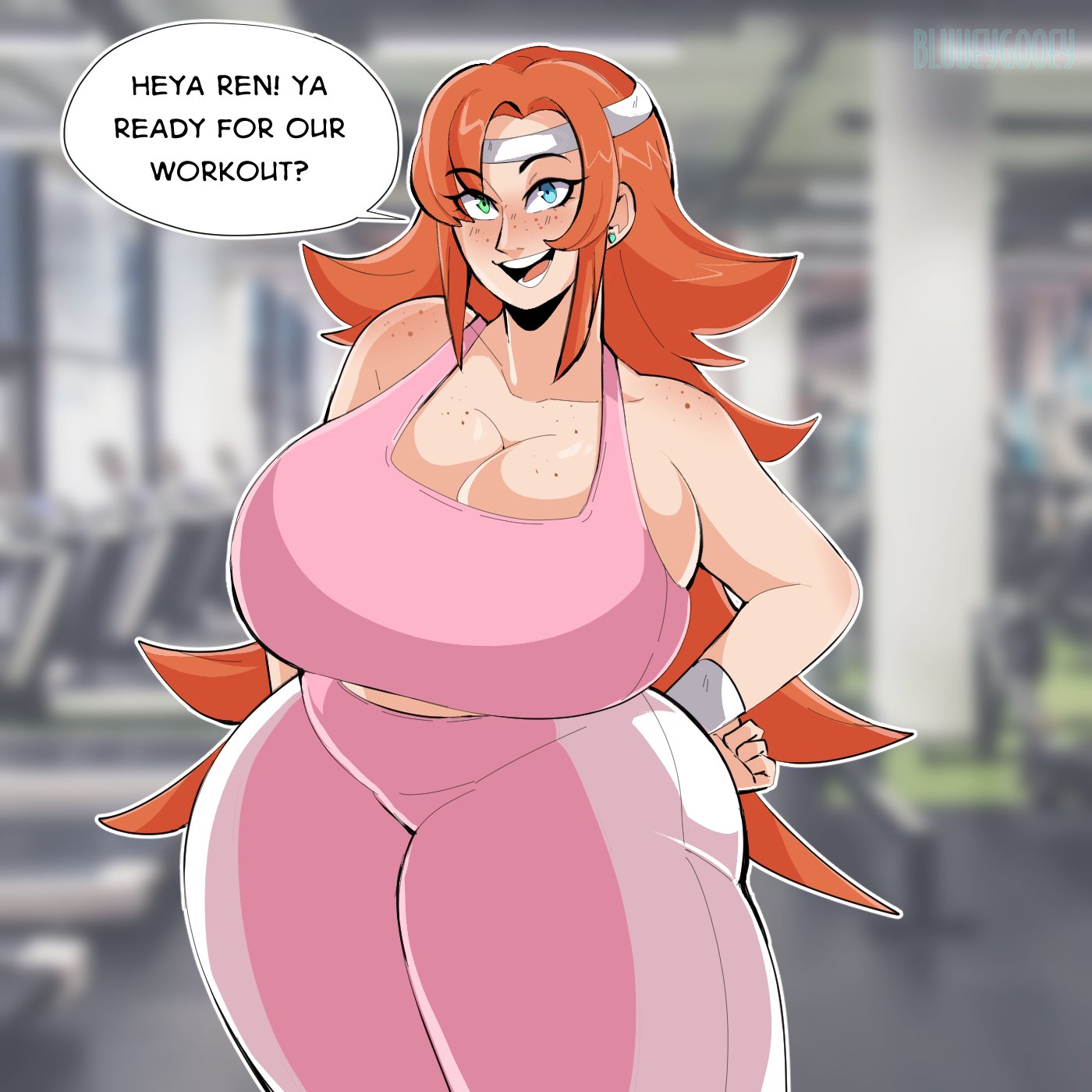1girls, blue eyes, blush, bluueygooey, breasts, cleavage, curvy, dialogue, english text, female, freckles, green eyes, gym, gym clothes, headband, heterochromia, huge breasts, large breasts, long hair, looking at viewer, nora valkyrie, nora valkyrie (mistral), open mouth, open smile, orange hair, rwby, smile, solo, speech bubble, sports bra, text, thick thighs, thunder thighs, very long hair, voluptuous, workout clothes, yoga pants