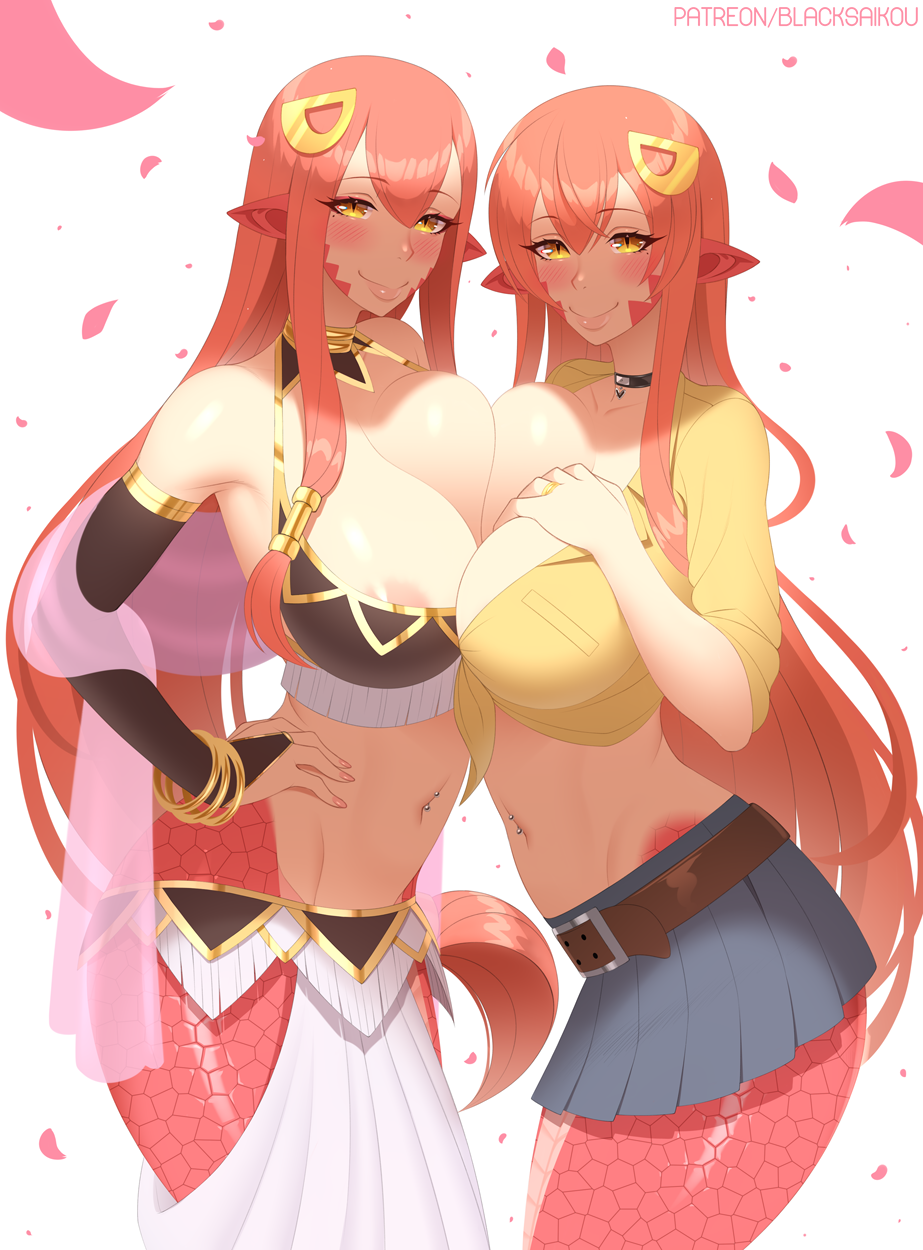 2girls areolae blacksaikou breasts clothed lamia looking_at_viewer miia's_mother_(monster_musume) miia_(monster_musume) monster_girl monster_musume_no_iru_nichijou mother_and_daughter multiple_girls serpent serpentine snake_girl watermark