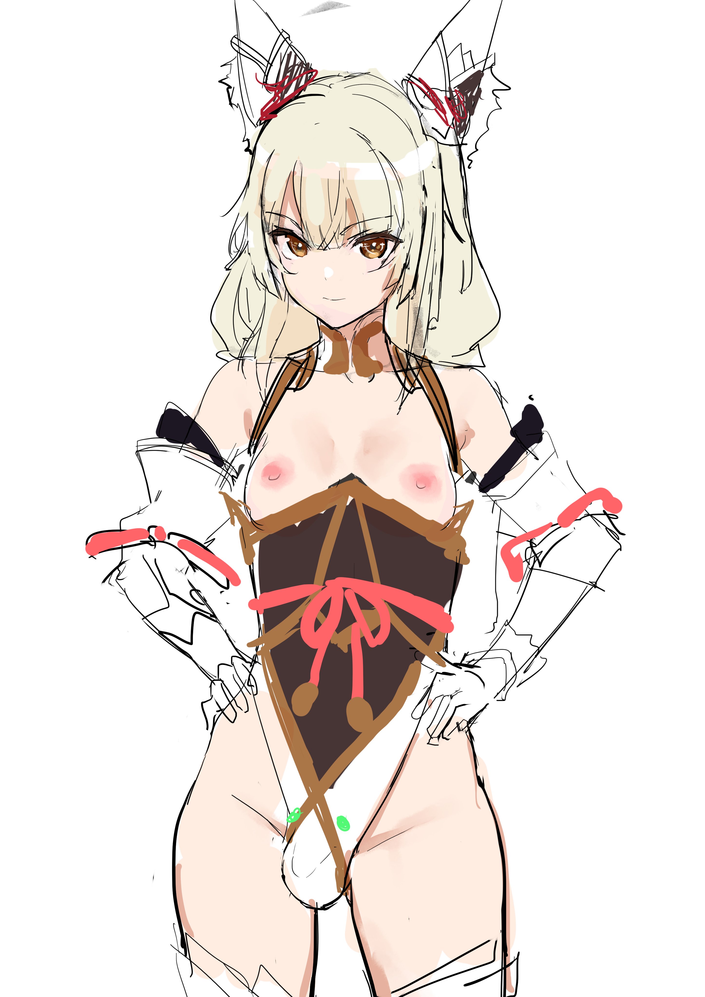 1futa, animal ears, balls, breasts, breasts out, cat ears, futanari, hands on hips, intersex, nebaneba, nia, nia (blade), nintendo, small breasts, solo, white background, xenoblade (series), xenoblade chronicles 2