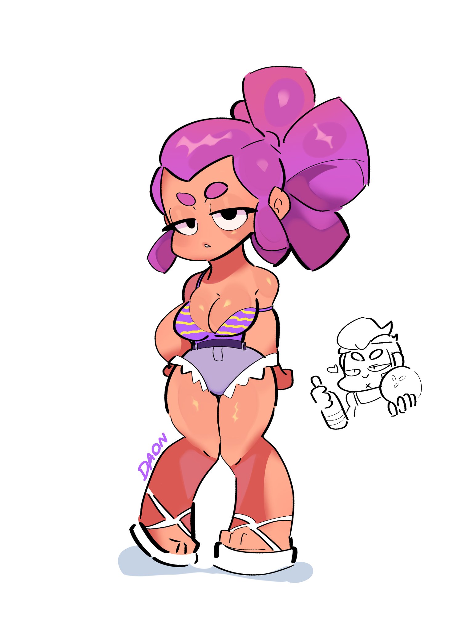 1girls, black eyes, brawl stars, colt (brawl stars), female, knocked knees, purple clothing, purple hair, revealing clothes, shelly (brawl stars), tagme, white shoes