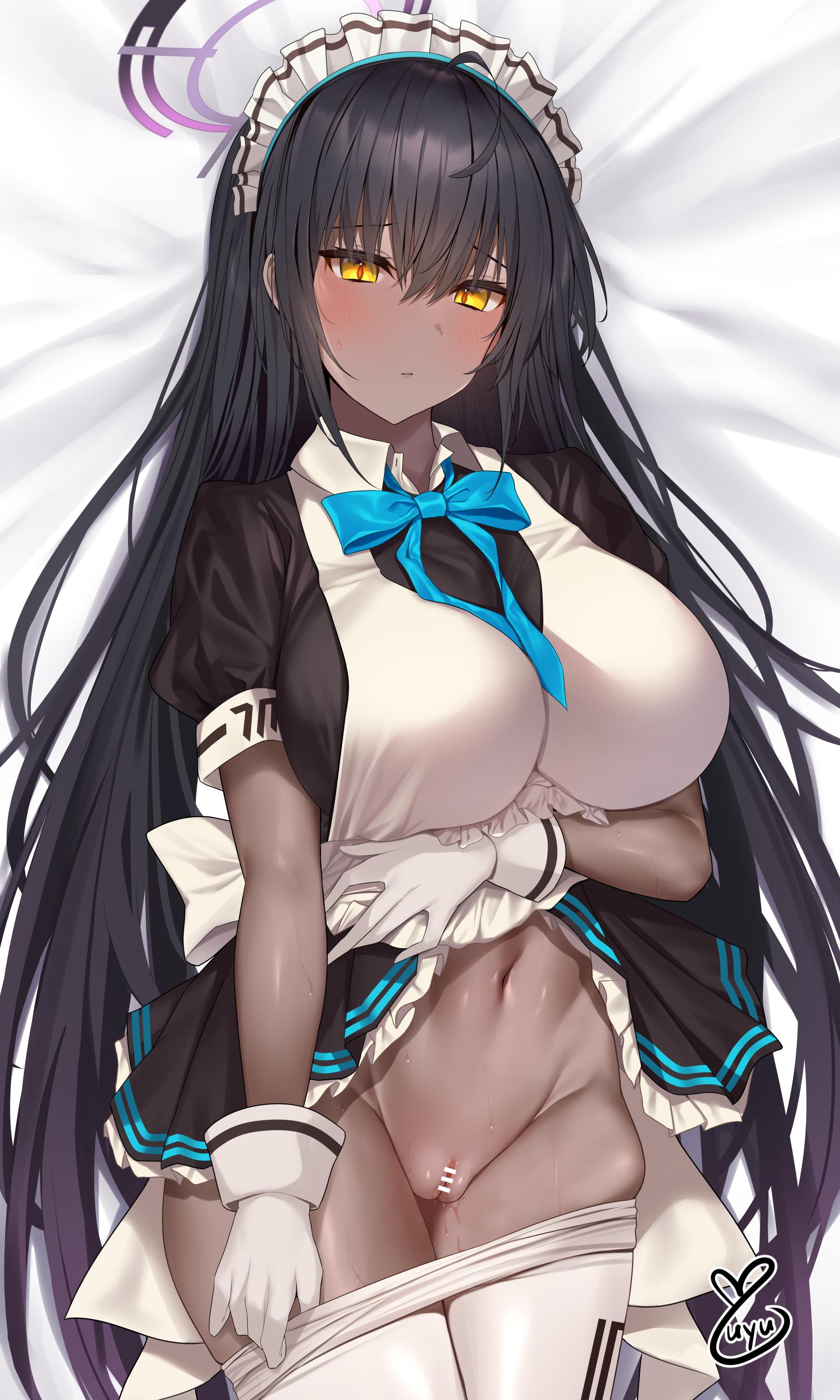 1girls, absurd res, apron, bangs, bed, big breasts, black hair, blue archive, blush, breasts, cleaning & clearing (blue archive), clothed, dakimakura, dark skin, dark-skinned female, female, gloves, highres, huge breasts, karin (blue archive), large breasts, lifting skirt, long hair, looking at viewer, lying, lying down, lying on back, lying on bed, maid, maid headdress, millennium science school student, presenting pussy, pulling down pants, pussy, ribbon, round breasts, showing pussy, skirt, skirt lift, thick thighs, thighhighs, undressing, yellow eyes, yuyu (yuyuworks)