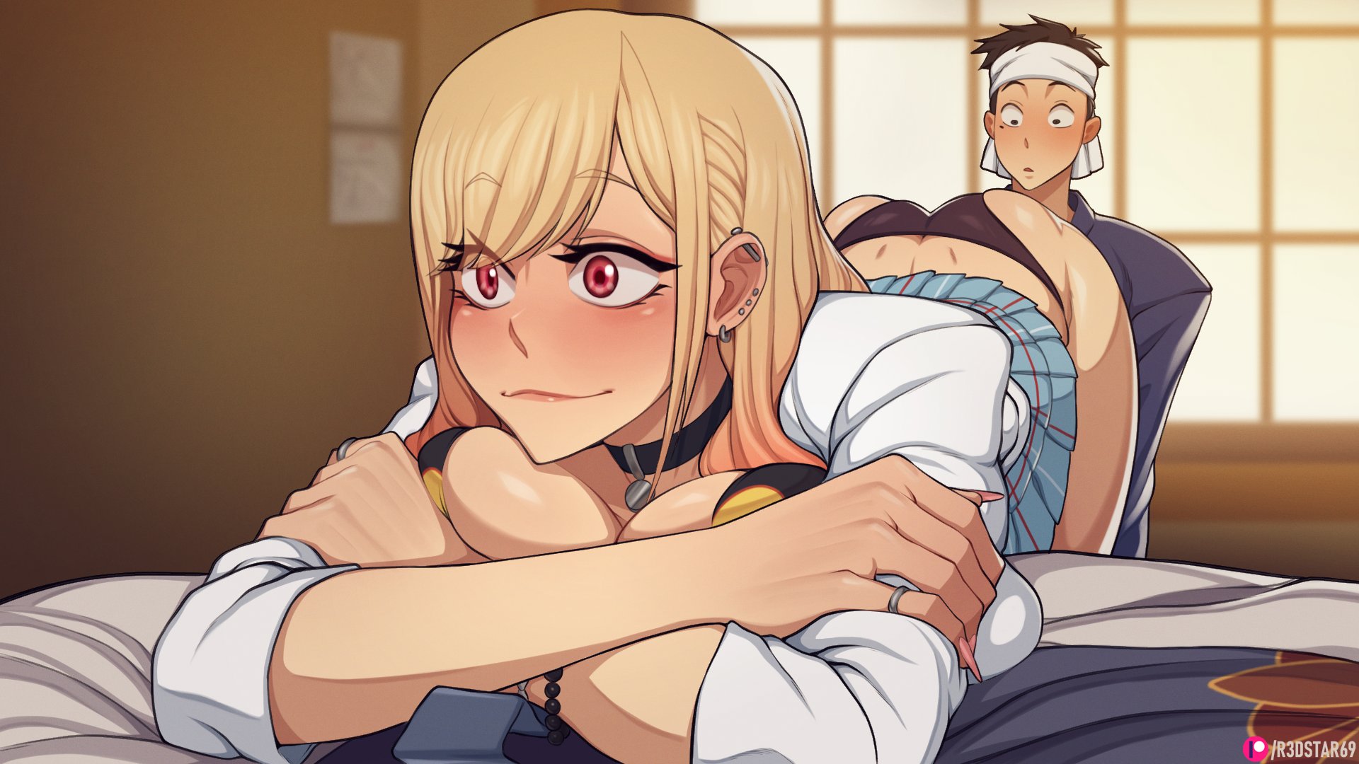 1boy, 1girls, blonde hair, blush, choker, female, gojou wakana, gyaru, kitagawa marin, makeup, male, presenting hindquarters, r3dstar, ring, school uniform, sono bisque doll wa koi wo suru