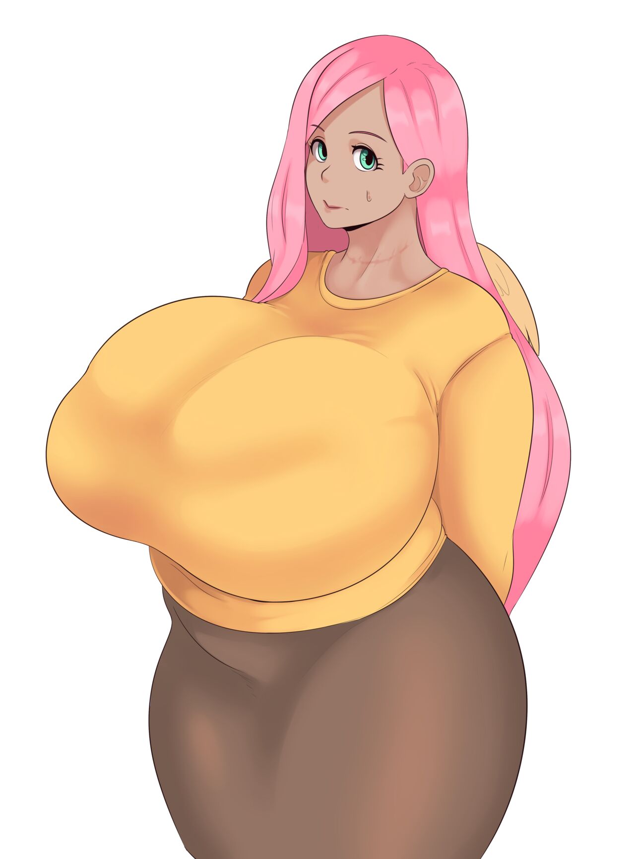 bbw, big breasts, breasts, female, fluttershy (mlp), friendship is magic, higher resolution available, huge breasts, hyper breasts, long hair, my little pony, pink hair, straight hair, sunnysundown, venus body
