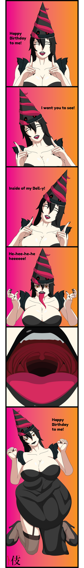 big_breasts biosuit black_dress black_hair black_lipstick black_nails dialogue female_pred living_clothes long_hair orange_eyes sequence shibekutaato_(artist) soft_vore tongue_out unwilling_prey voka_vorewitch vore