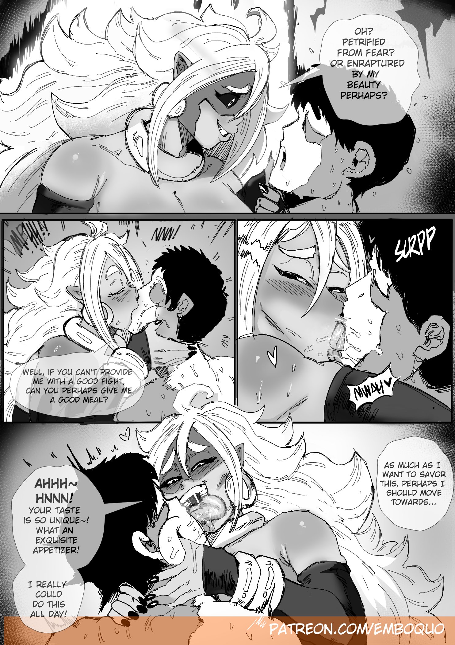1boy, 1girls, android 21, big breasts, black sclera, breasts, dialogue, dragon ball, dragon ball fighterz, earrings, embo, english text, faceless male, female, femdom, french kiss, greyscale, huge breasts, kissing, light skin, long hair, majin android 21, male, monochrome, pointy ears, saliva, short hair, speech bubble, text, tongue, tongue out