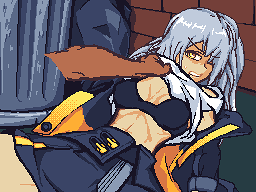 1girls 2d 2d_(artwork) alley alleyway black_bra bra cajunspicyent clothed defeat defeated defeated_heroine female female_focus honkai:_star_rail honkai_(series) light-skinned_female light_skin pixel_(artwork) pixel_art pulling_clothing stelle_(honkai:_star_rail) trash trash_can white_hair yellow_eyes