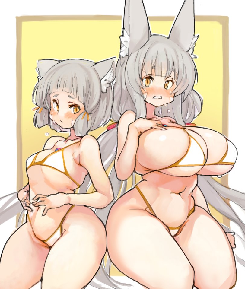 2girls alternate_breast_size animal_ears bikini blush breasts cat_ears female grey_hair large_breasts long_hair nia nia_(blade) nia_(xenoblade) nintendo sachito swimsuit thick_thighs twintails xenoblade_(series) xenoblade_chronicles_2