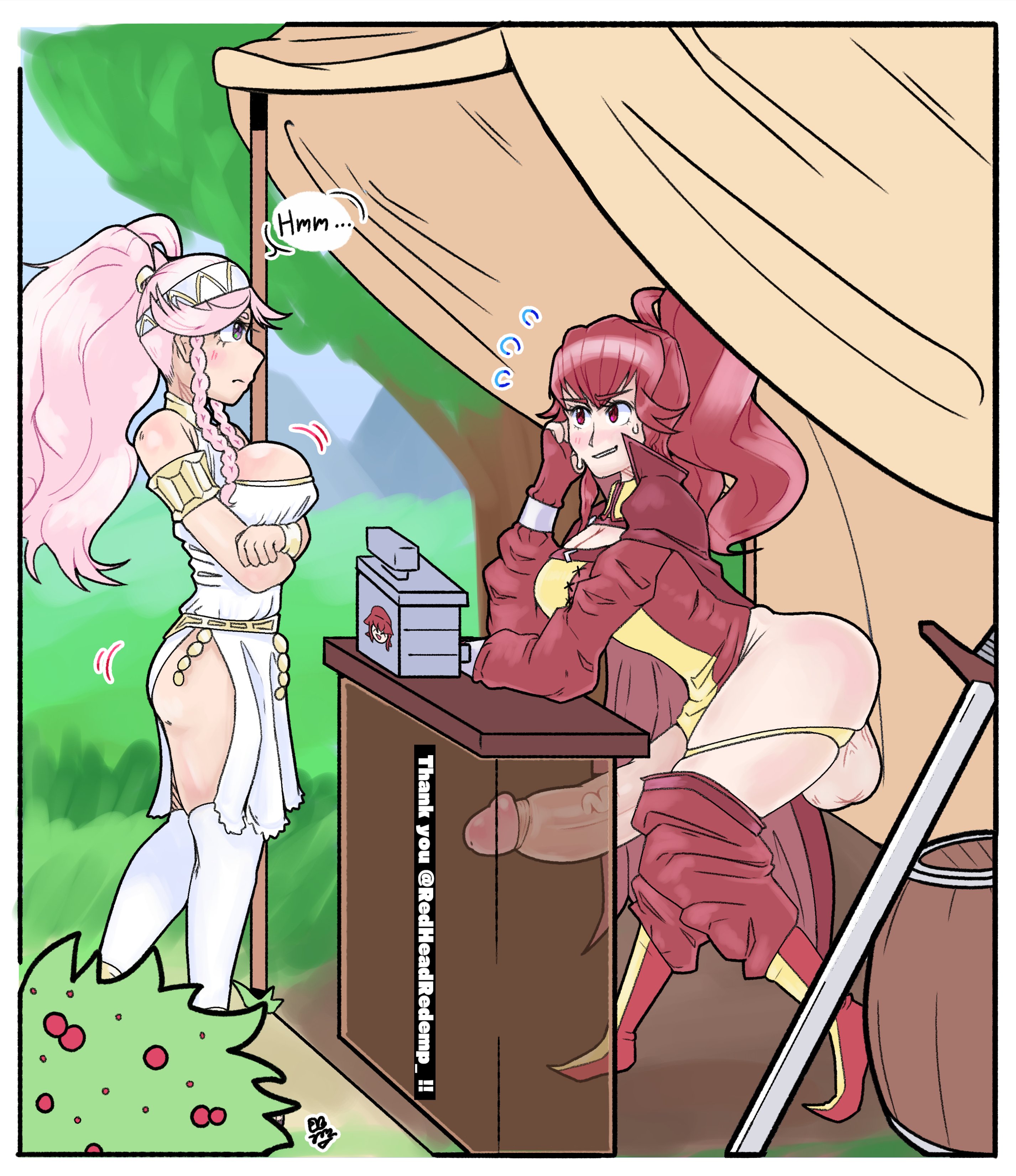 1futa, 1girls, anna (fire emblem awakening), anna (fire emblem), ass, balls, bare thighs, barrel, big breasts, blush, bottomless, bouncing ass, bouncing breasts, braid, breasts, cleavage, clenched teeth, clothed, clothing, duo, easybee, english text, erection, exhibitionism, female, fire emblem, fire emblem awakening, fully clothed, futanari, grin, hiding erection, huge balls, huge cock, human, intersex, large breasts, large penis, light skin, light-skinned female, light-skinned futa, long hair, motion lines, nervous, nervous smile, nintendo, olivia (fire emblem), outdoors, panties, pants down, partially clothed, penis, pink hair, ponytail, purple eyes, red eyes, red hair, side view, smile, standing, stealth, sword, text, thighhighs, thighs, thinking, twin braids, under the table, weapon, white panties, x-ray, yellow panties
