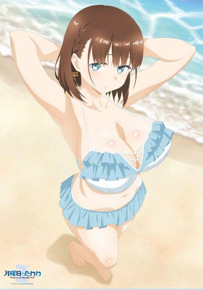 ai-chan (tawawa), armpits, arms behind head, arms up, big breasts, bikini, blue bikini, blue eyes, breasts, brown hair, female, getsuyoubi no tawawa, hairclip, smiling, voluptuous, white skin