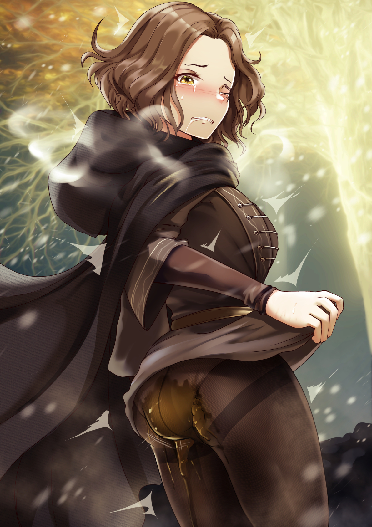 1girls, 2022, ass, big ass, dress lift, elden ring, erdtree, female, female only, fromsoftware, light skin, light-skinned female, looking back, melina (elden ring), scat, see-through, shumiao, soiling, solo