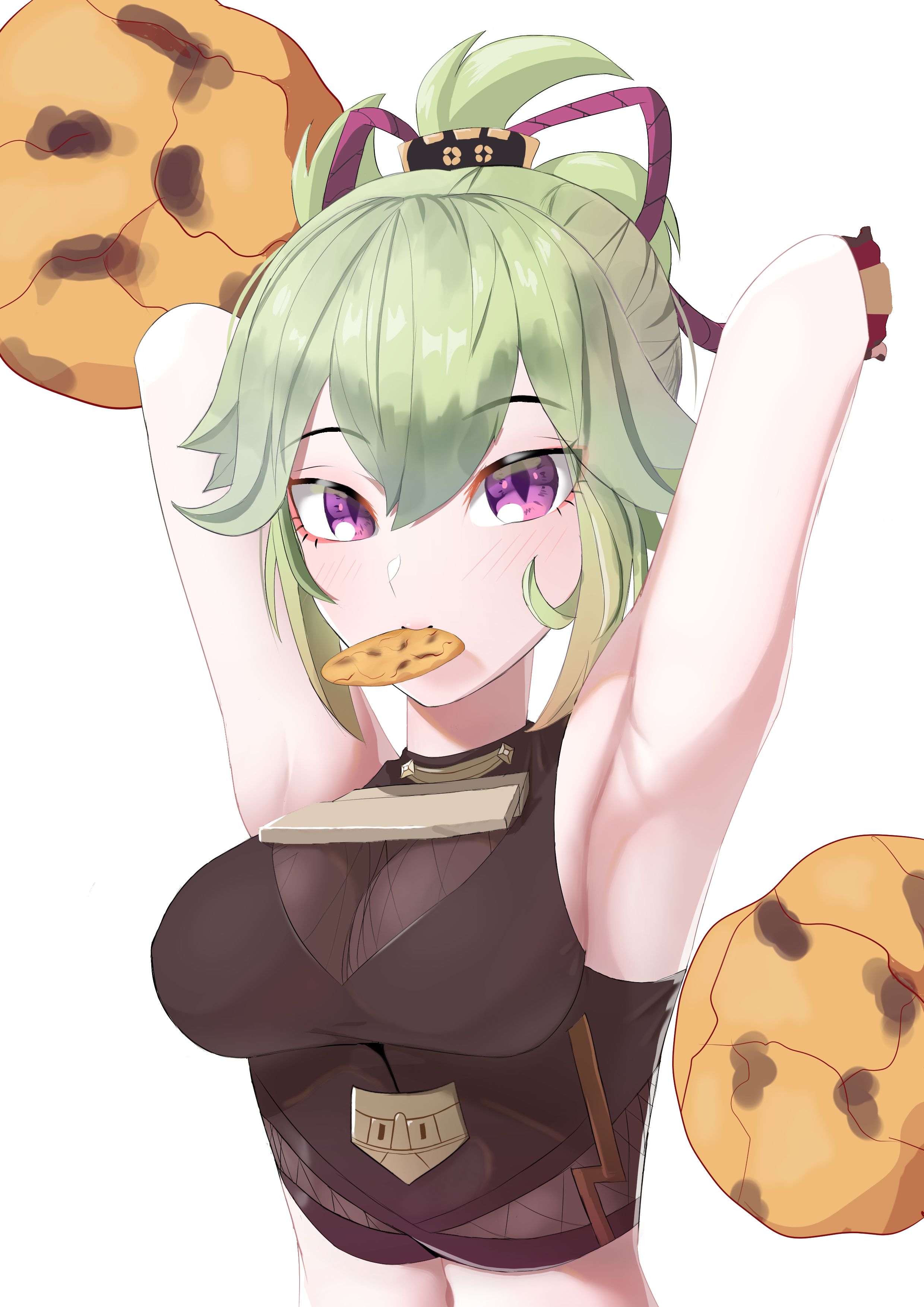 1girls, armpit fetish, armpits, arms behind head, cookie, eyebrows visible through hair, female, food, genshin impact, green hair, hair ribbon, kuki shinobu, light skin, light-skinned female, looking at viewer, pale skin, pale-skinned female, ponytail, purple eyes, revealing clothes, tagme
