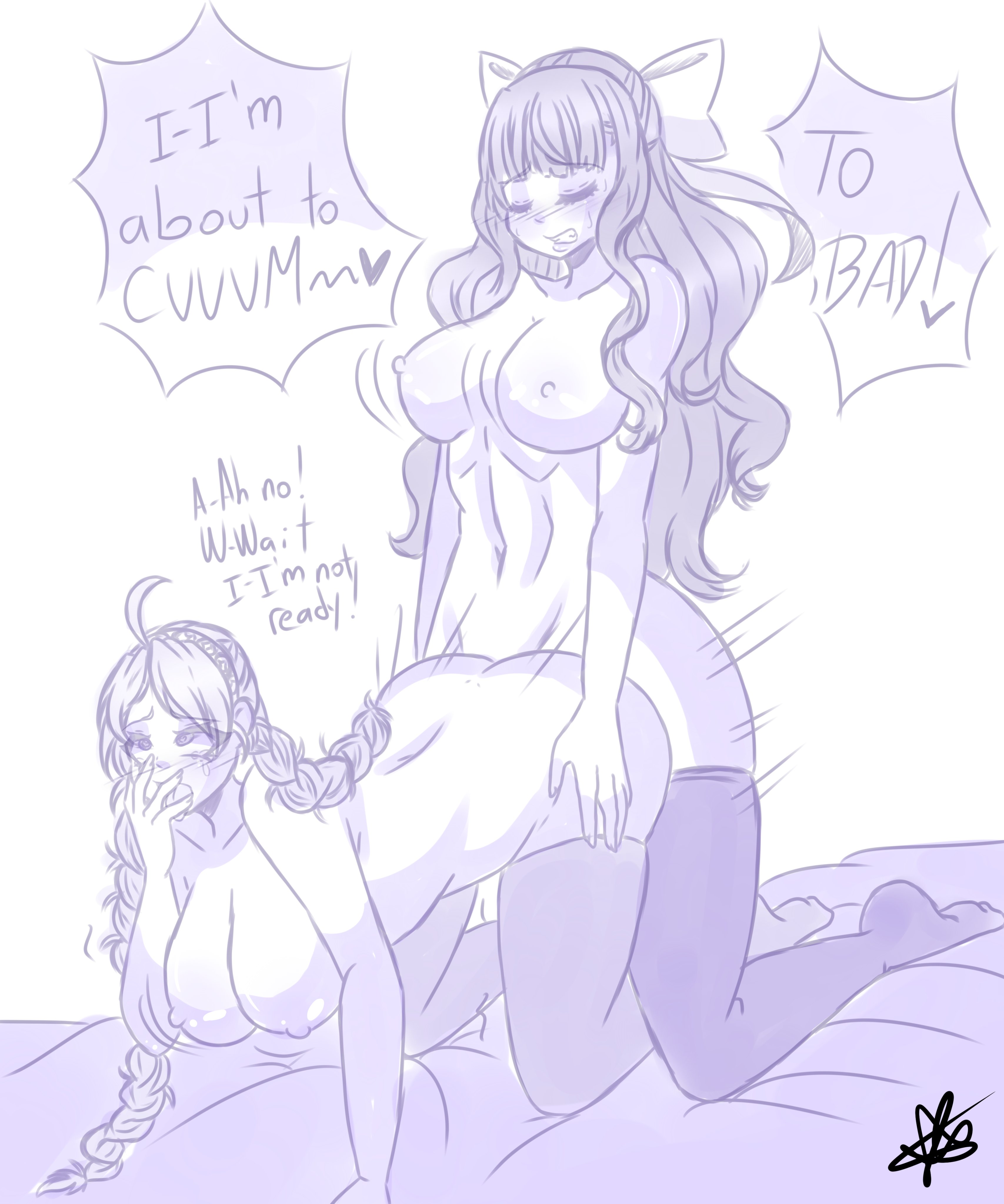 1futa, 1girls, all fours, areolae, ass, bangs, bent over, big breasts, braid, breasts, charlotte (fire emblem), clenched teeth, covering mouth, dialogue, duo, english text, eyes rolling back, female, fire emblem, fire emblem fates, fully clothed, futanari, human, imminent cumshot, imminent orgasm, intersex, kitsune-art, kitsuneart2, kneeling, large ass, large breasts, long hair, monochrome, naked stockings, naked thighhighs, nina (fire emblem), nintendo, nipples, nude, nude female, sex, text, thighhighs, twin braids