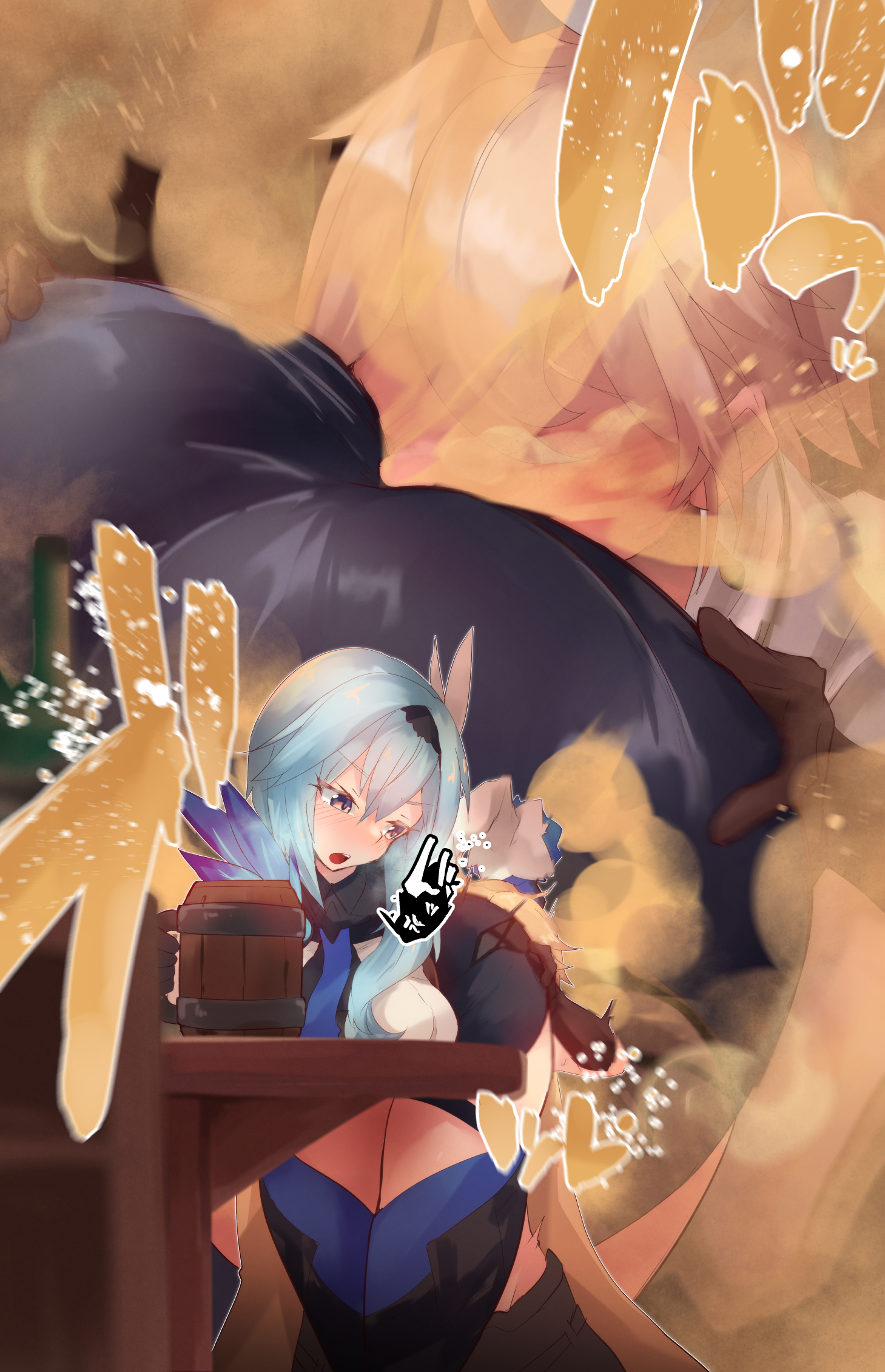 1boy, 1girls, aether (genshin impact), ass, ass grab, big ass, big butt, blue hair, blush, eula (genshin impact), face in ass, fart, fart cloud, fart fetish, farting, farting in face, female, genshin impact, looking back, male, nekosu, open mouth, pants down, short hair, thick thighs