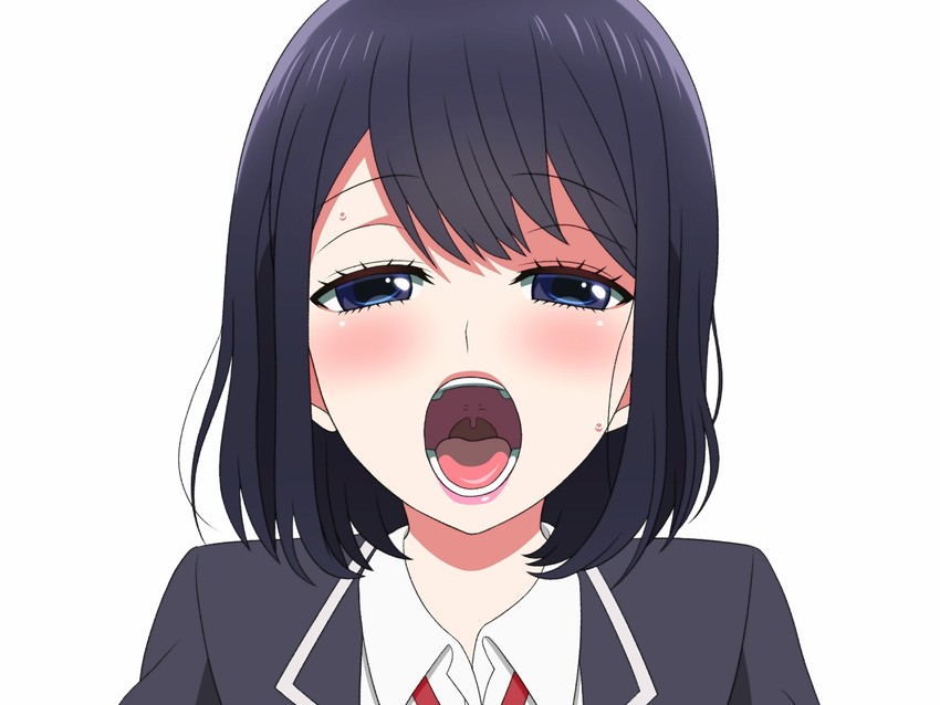 black_hair blue_eyes eyelashes female half-closed_eyes imminent_blowjob kh-fullhouse lips looking_at_viewer open_mouth parody school_uniform solo takasaki_misaki_(koi_to_uso) white_background